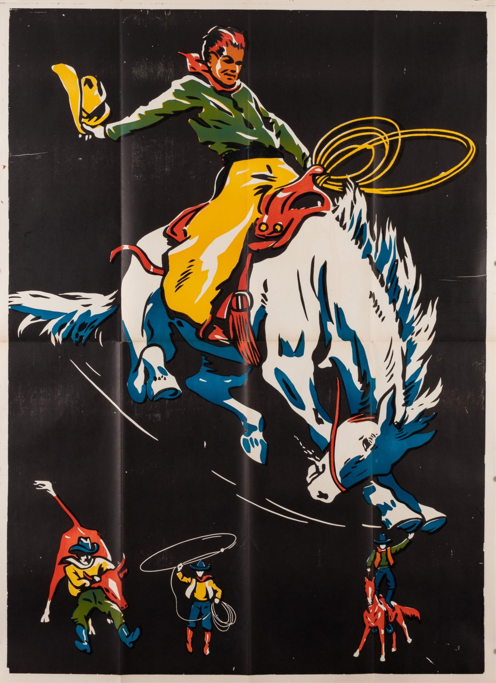 RODEO COWBOY BILLBOARD STOCK POSTER: Rare, very large cowboy rodeo stock poster, 1930s, 56 x 40 inches. Original folds. Bright colors and a deep black background.