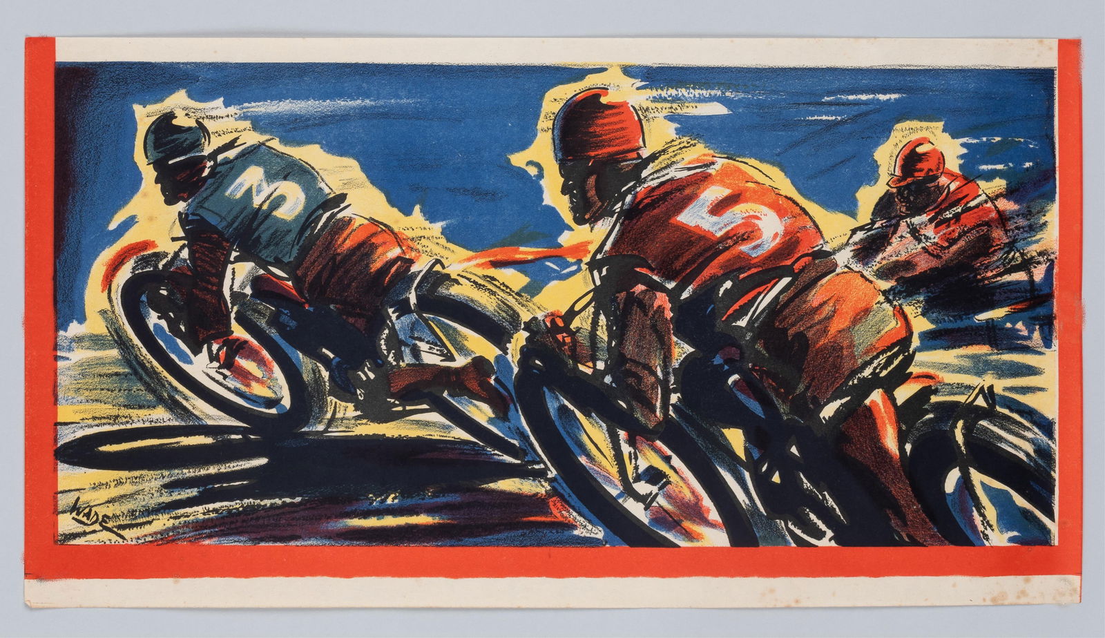 EARLY BOARD TRACK LITHOGRAPH AFTER WADE: Early board-track litho, litho on paper, bold colors of a group of board-track racers in a turn, artwork by 'Wade,' no biography available for the artist. 20 x 10.75 inches.