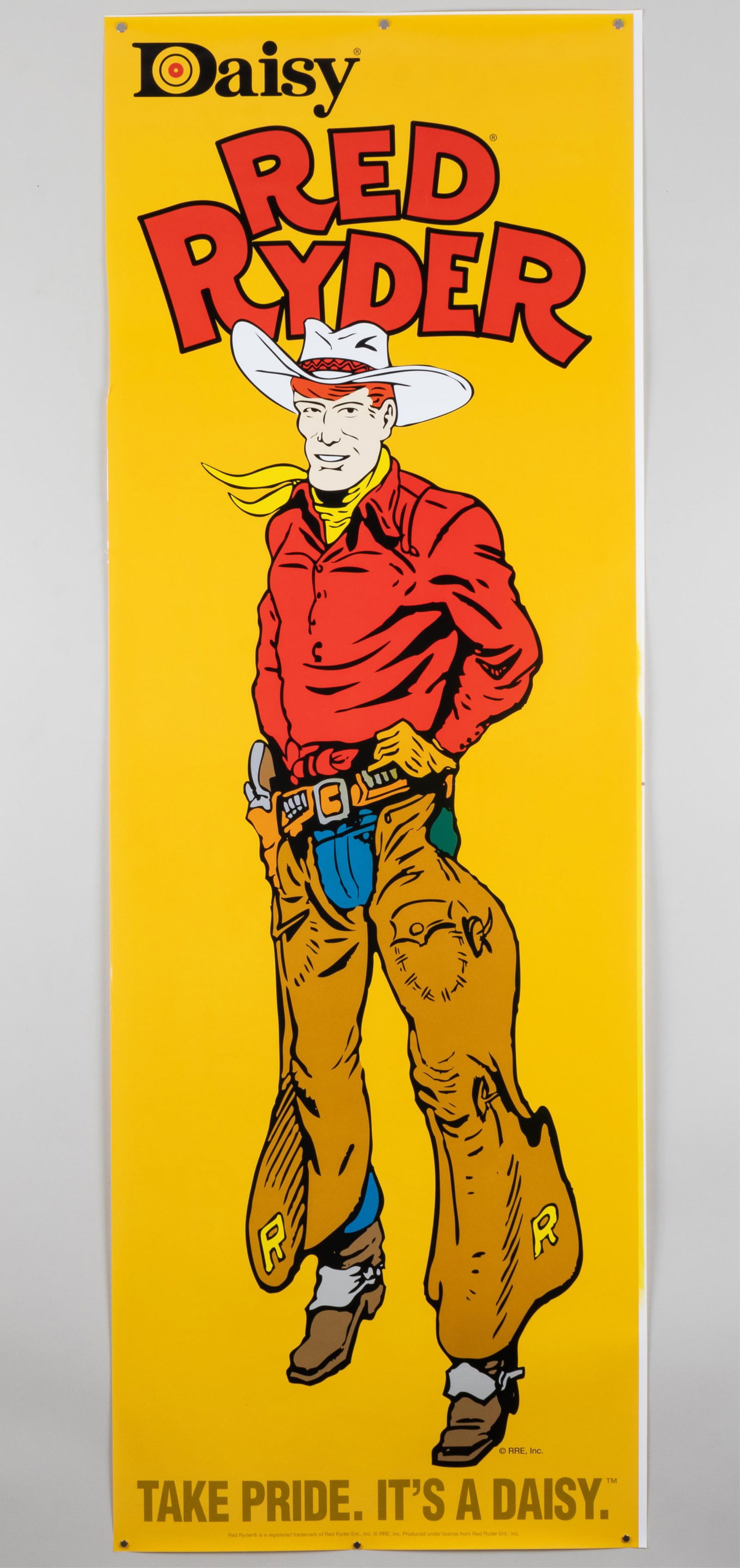 DAISY RED RYDER POSTER: Original Daisy Red Ryder poster, 'Take Pride. It's a Daisy,' printed by Red Ryder Entertainment Inc., 25.5 x 75.25 inches.
