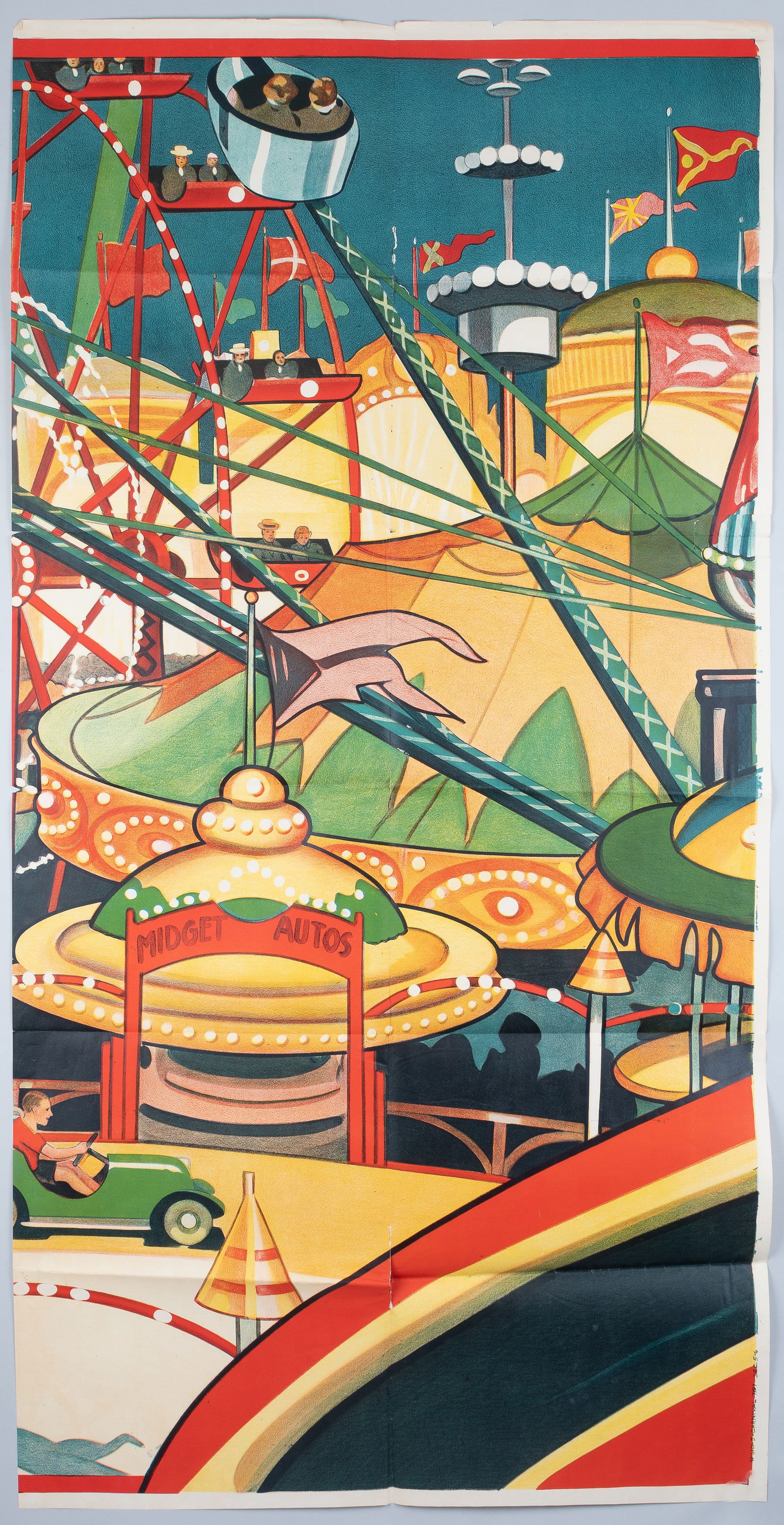 VINTAGE CARNIVAL STOCK POSTER: Vintage circus stock poster, part of a 12-sheet poster, features a vibrantly colored illustration of a carnival. Marked on the bottom right '41-6101-5-Carnival-7197-Sec.5-6.' Splits at folds and