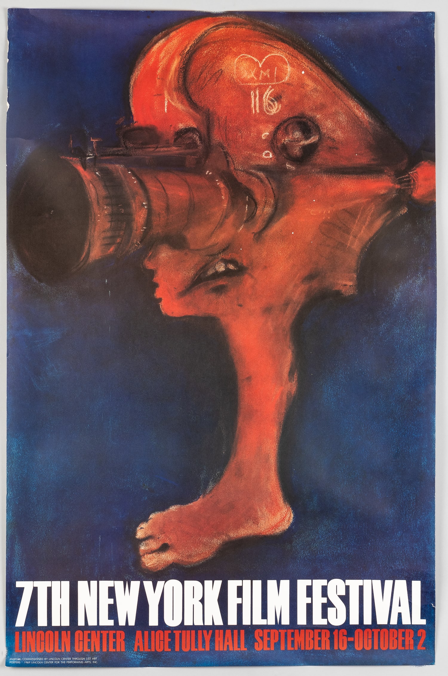 7TH NEW YORK FILM FESTIVAL POSTER MARISOL ESCOBAR: 7th New York Film Festival advertisement poster, artwork by Maria Sol Escobar, 1970. Chipping and minor creasing along the margins. 37.5 x 24.5 inches.