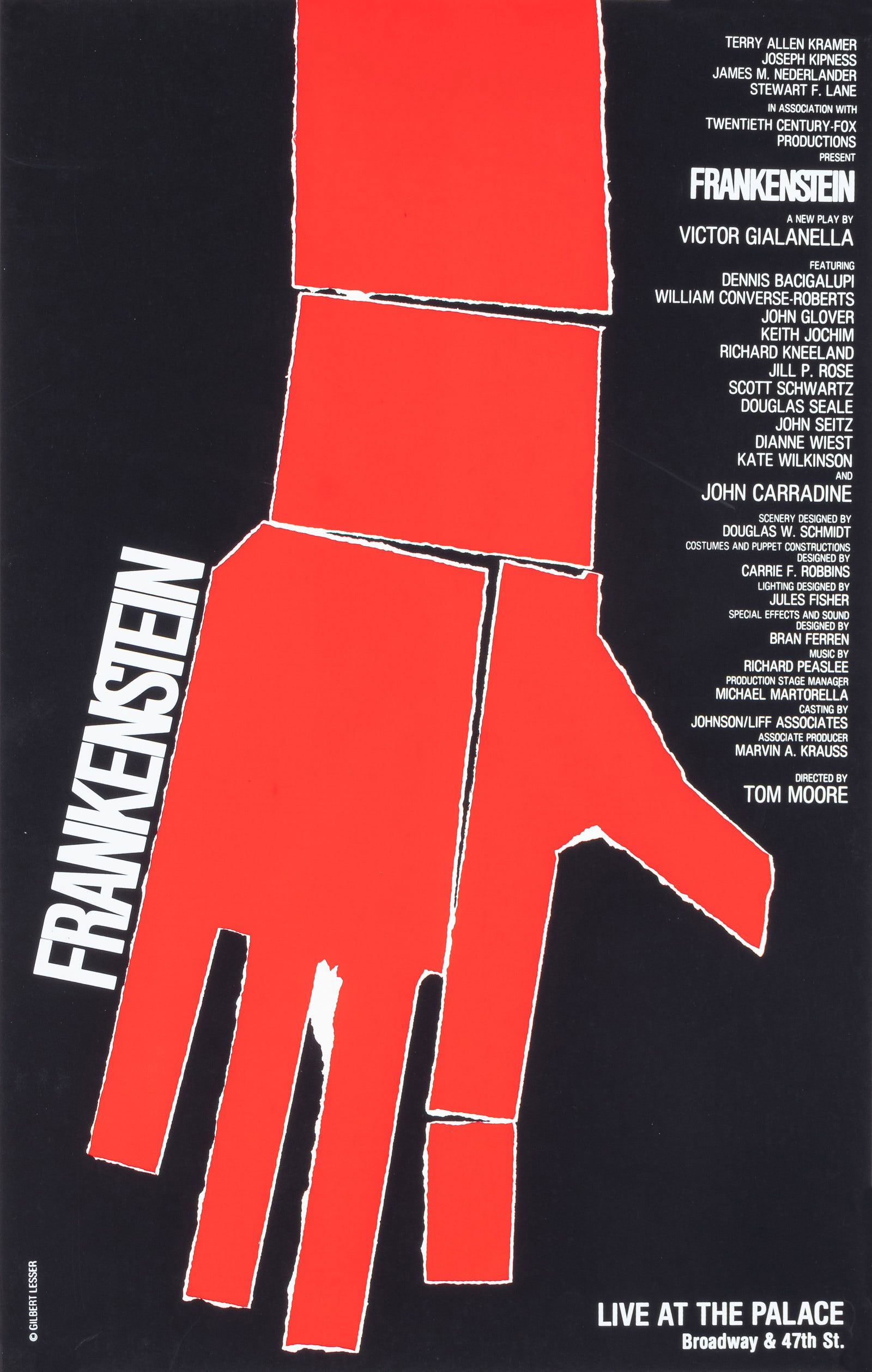 FRANKENSTEIN THEATRICAL PLAY WINDOW CARD: Frankenstein window card. Theatrical play from 1980, designed by Gilbert Lesser. Printed on cardboard, 14 x 22 inches. Ships flat.