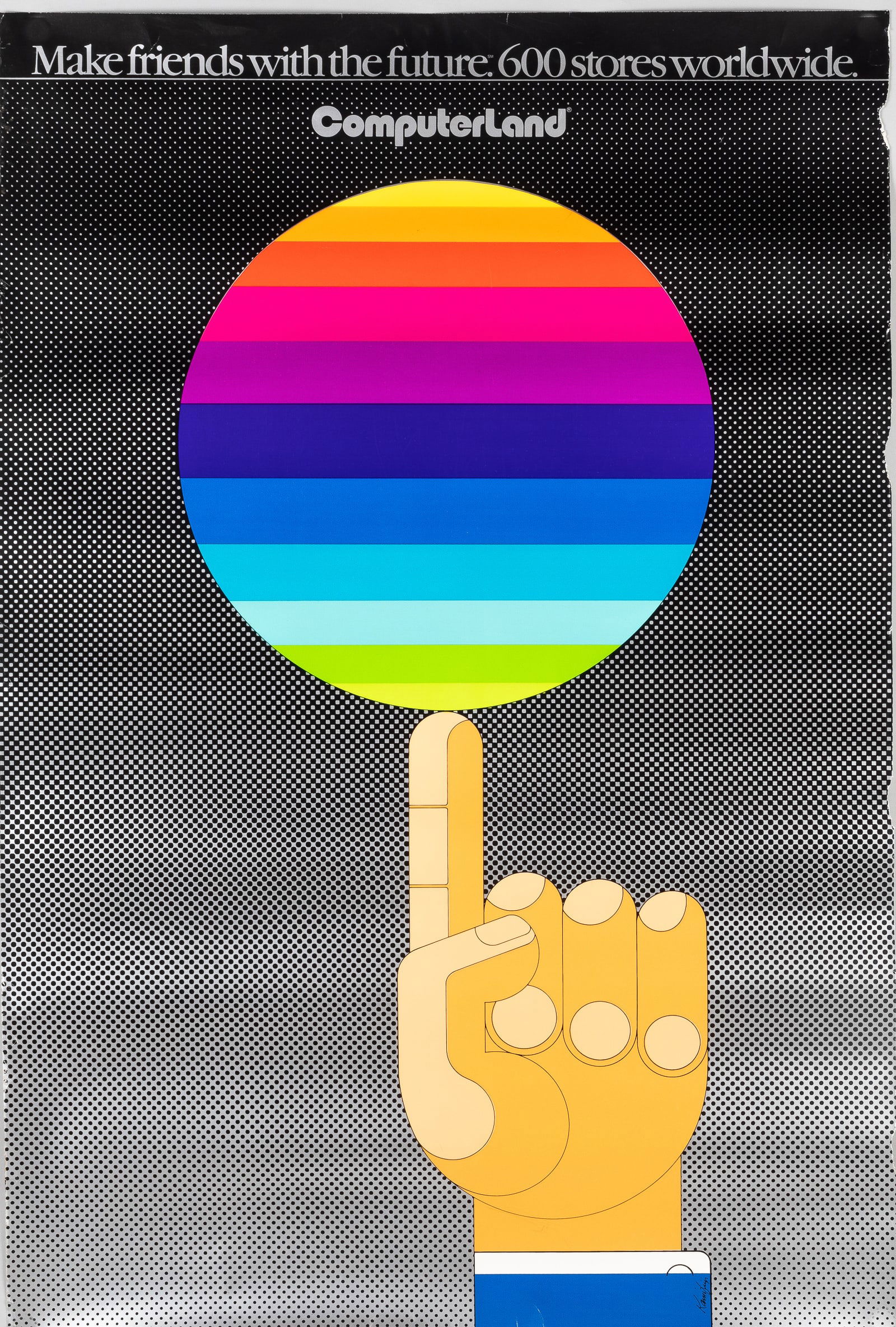 1980 COMPUTERLAND POSTER: Original vintage 1980 Computerland poster, 'Make friends with the future 600 stores worldwide.' Computerland was a chain of retail computer stores during the early years of the microcomputer