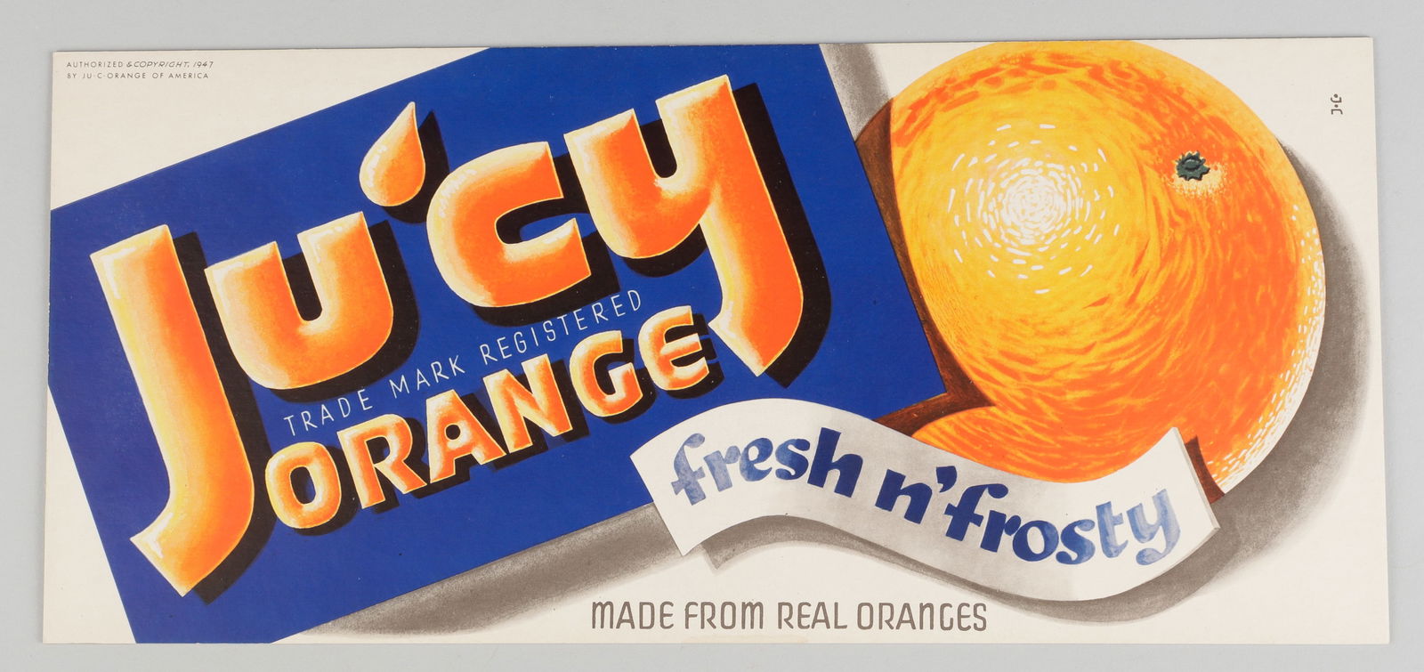 VINTAGE 1947 JU'CY ORANGE JUICE ADVERTISEMENT CARD (1 of 1)