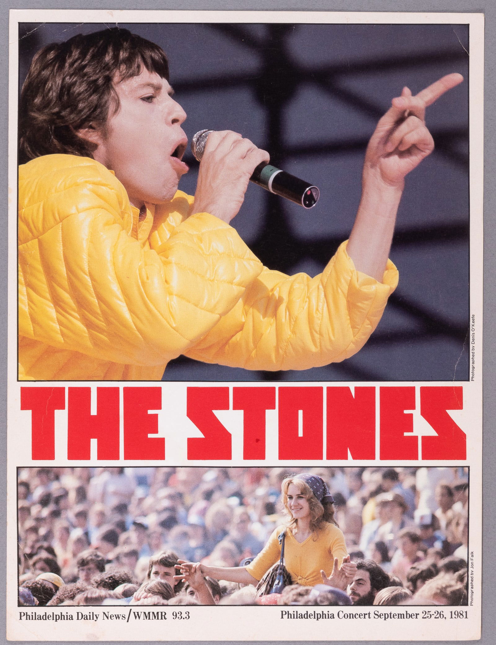 2 VINTAGE CONCERT POSTERS OF MICK JAGGER AND ZIGGY MARLEY: Two vintage concert posters. The Stones, with a photo of Mick Jagger, Philadelphia, September 25-26, 1981. 14 5/8 x 20 3/8 inches. The second poster is for Ziggy Marley and the Melody Makers, Boston,