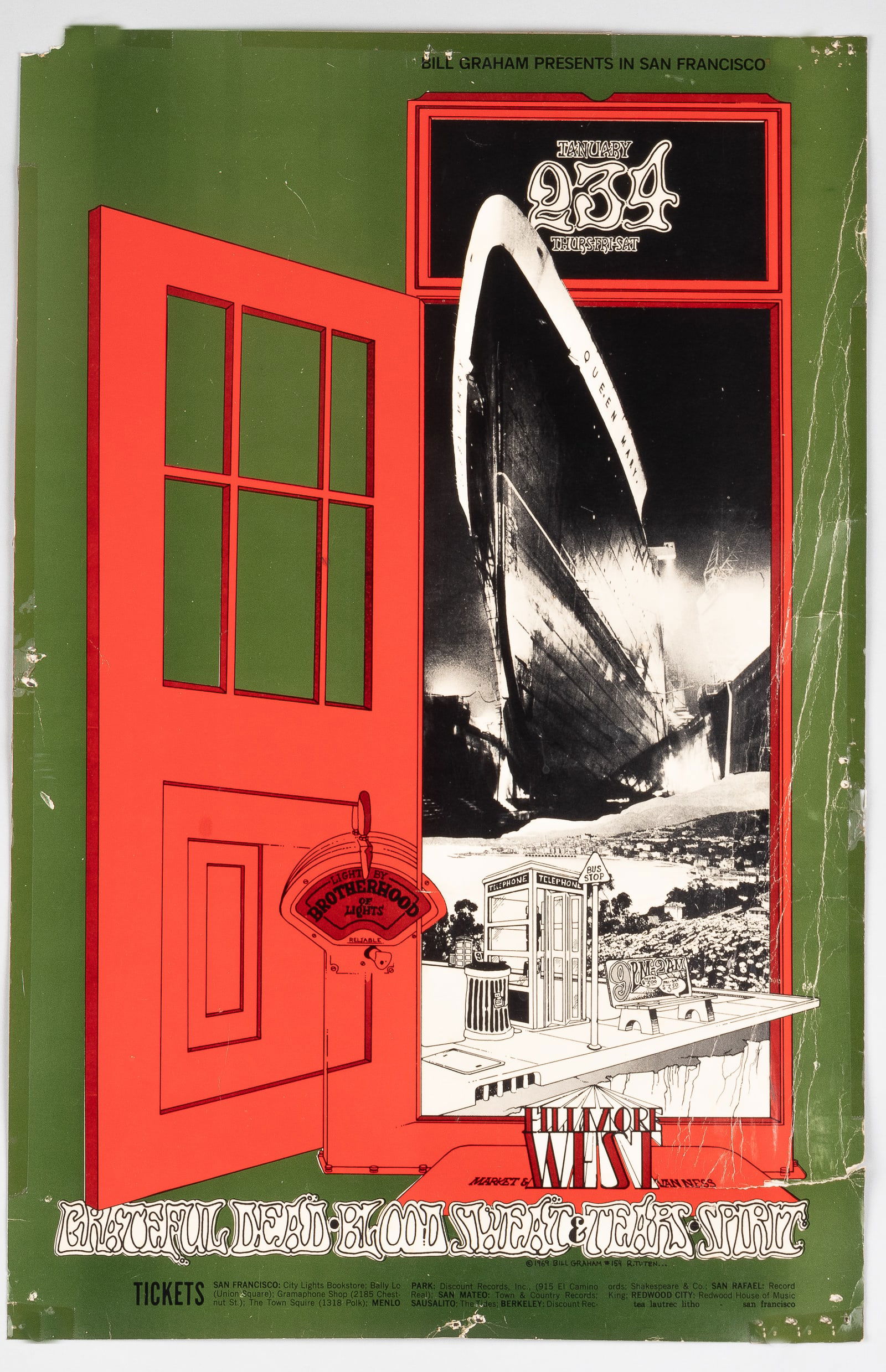 BILL GRAHAM FILMORE WEST POSTER BG-154 GRATEFUL DEAD: Bill Graham Presents #154 - Fillmore West Concert Poster, c. 1969. Grateful Dead, Blood, Sweat & Tears, and Spirit. Artwork by Randy Tuten (b. 1946). Original Bill Graham Presents Fillmore West