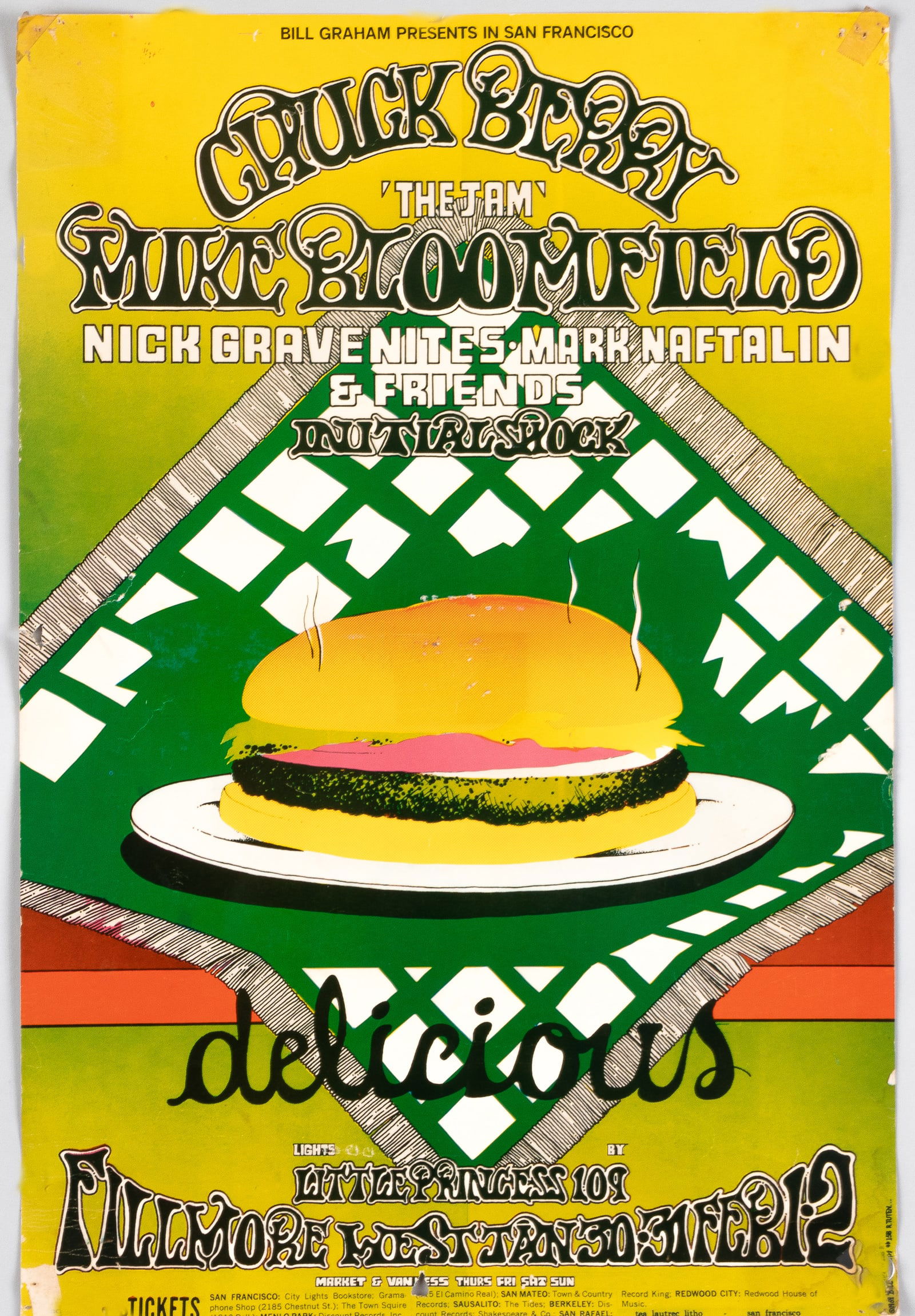 BILL GRAHAM FILMORE WEST POSTER BG-158 CHUCK BERRY: Bill Graham Presents #158 - Fillmore West Concert Poster, c. 1969. Chuck Berry, Mike Bloomfield, Nick Gravenites, and Mark Naftalin & Friends. Artwork by Randy Tuten (b. 1946). Original Bill Graham