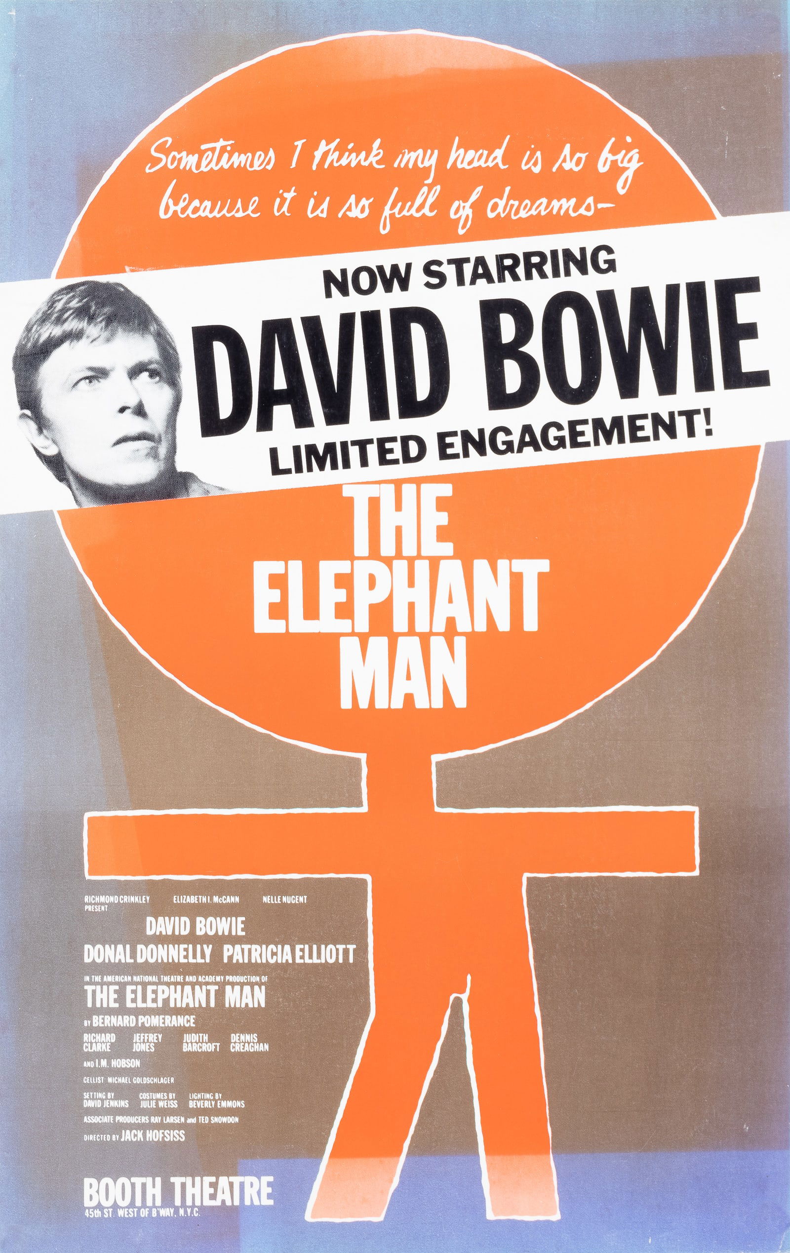 DAVID BOWIE IN THE ELEPHANT MAN WINDOW CARD: David Bowie in the Broadway play 'The Elephant Man.' The play was based on Bernard Pomerance (1940 - 1917), and David Bowie had the lead role. Visible discoloration, 14 x 22 inches.