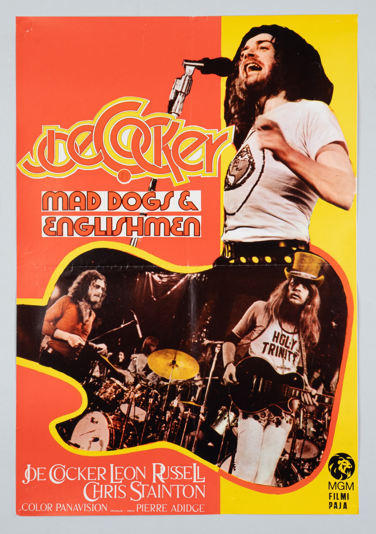 JOE COCKER MAD DOGS & ENGLISHMEN CONCERT MOVIE POSTER: Vintage concert movie poster for the Finnish market, 'Joe Cocker Mad Dogs & Englishmen, 1970. MGM Studios film. Folds, pinholes, 15 7/8 x 23 1/8 inches.