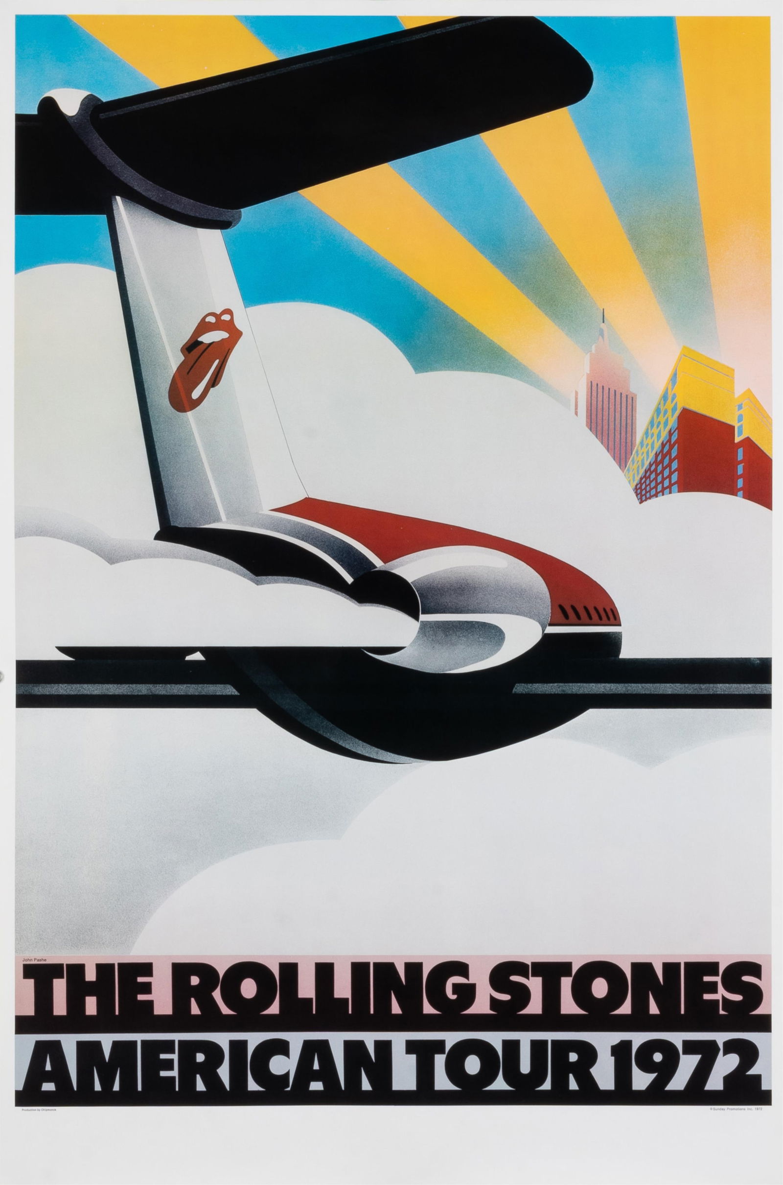 ROLLING STONES 1972 AMERICAN TOUR POSTER: Original 1972 'The Rolling Stones American Tour' poster, artwork by John Pasche, printed by Sunday Promotions Inc., 25 x 38 inches.
