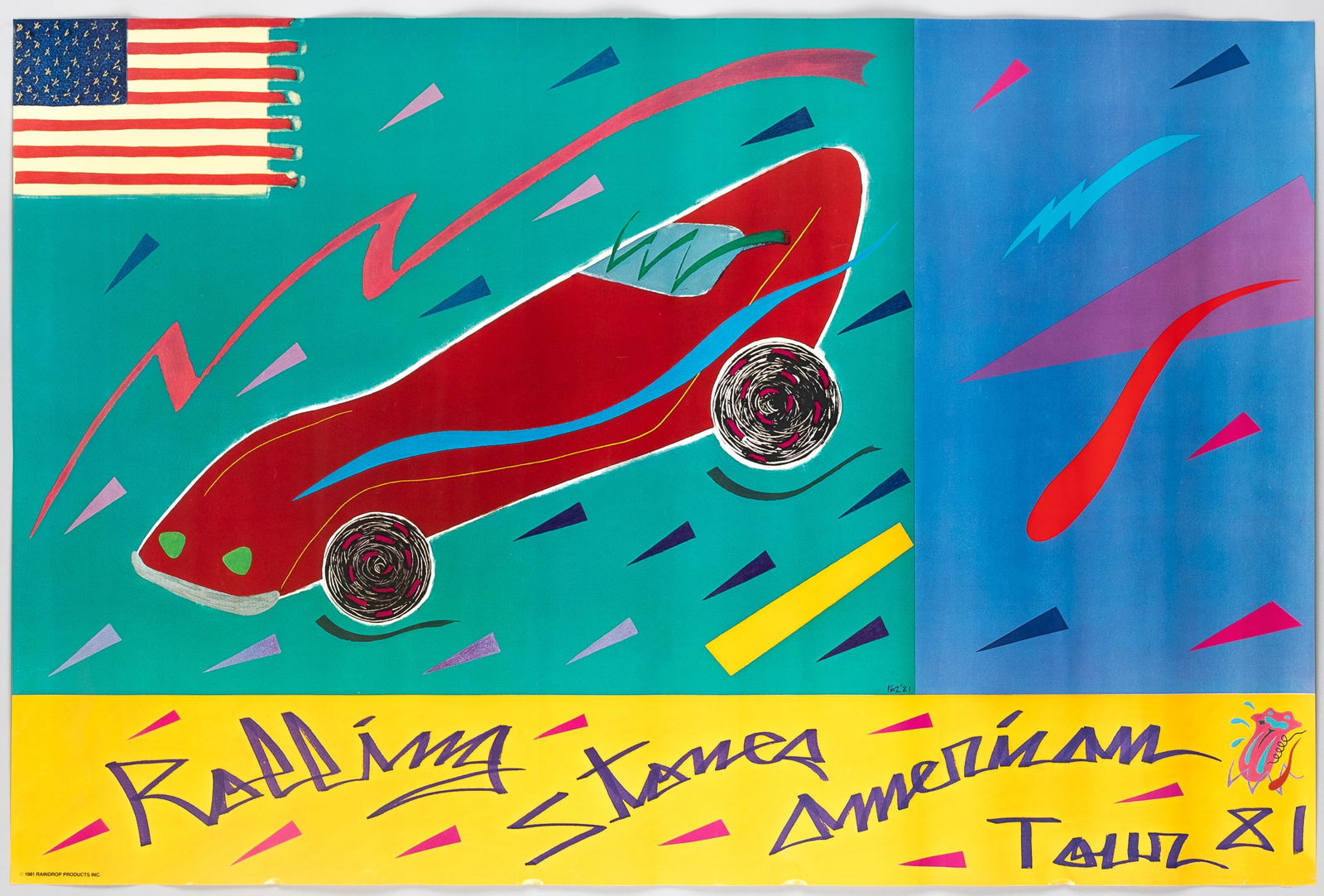 ROLLING STONES 1981 AMERICAN TOUR POSTER: Rolling Stones 1981 American Tour official tour poster, designed by Kazuhide Yamazaki. Yamazaki also designed the touring stage set used by the band. Minor creasing throughout. 33 x 22 inches.