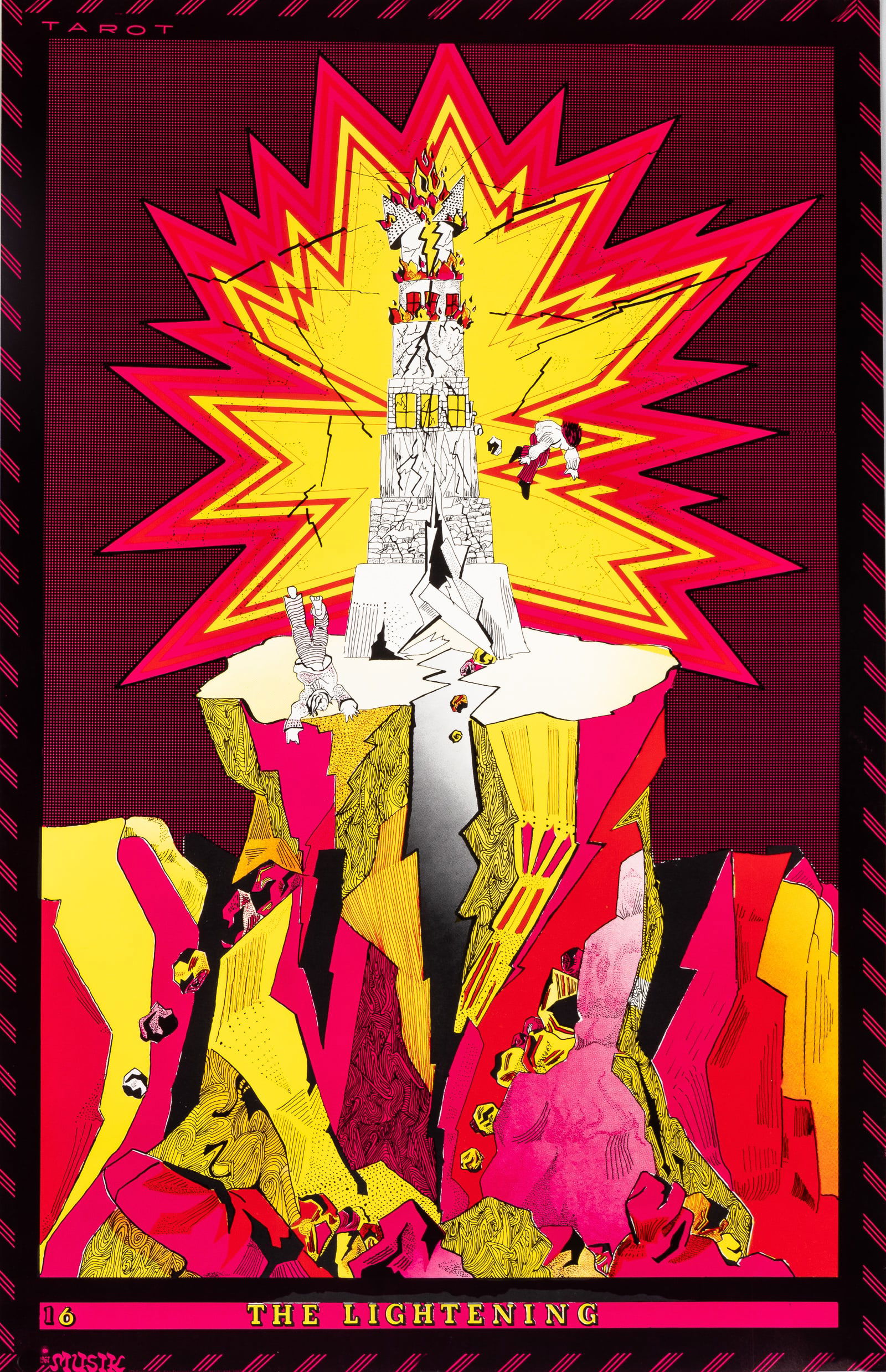 THE LIGHTNING TAROT CARD HEADSHOP POSTER: 'The Lightening' tarot card black light poster, 1967 Musik. Features a design like the Tower tarot card. 17.75 x 28 inches.
