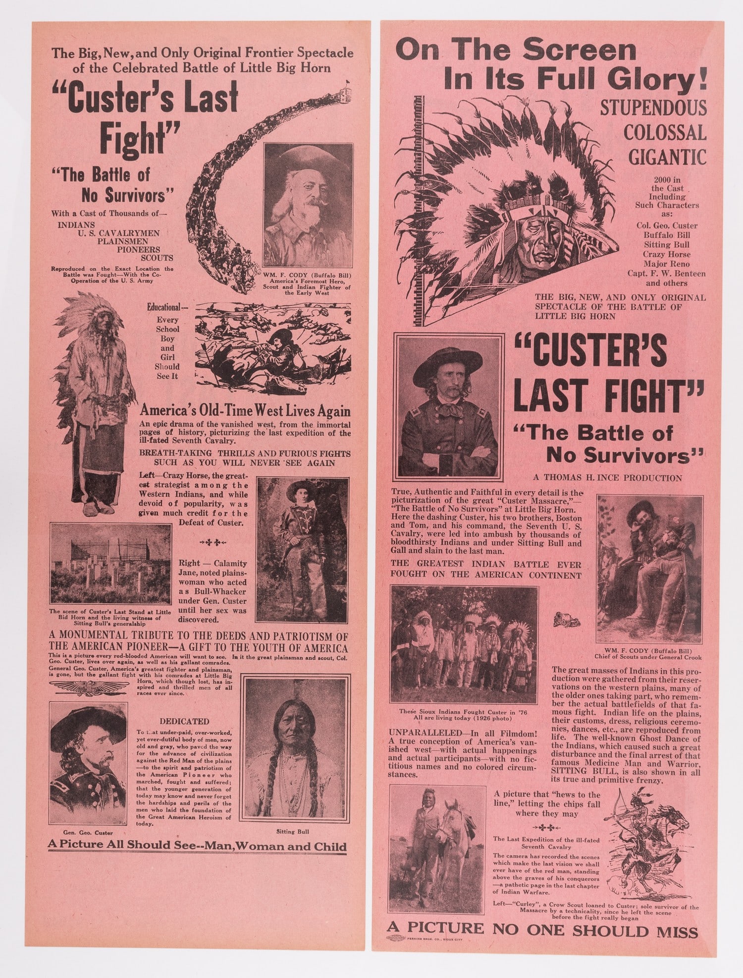 2 CUSTER'S LAST FIGHT MOVIE POSTERS: Pair of broadsides advertising the 1933 re-release of 'Custer's Last Fight', a 1912 silent short film about Col. George Custer and his final stand at the Battle of Little Bighorn. Headlines read, 'On