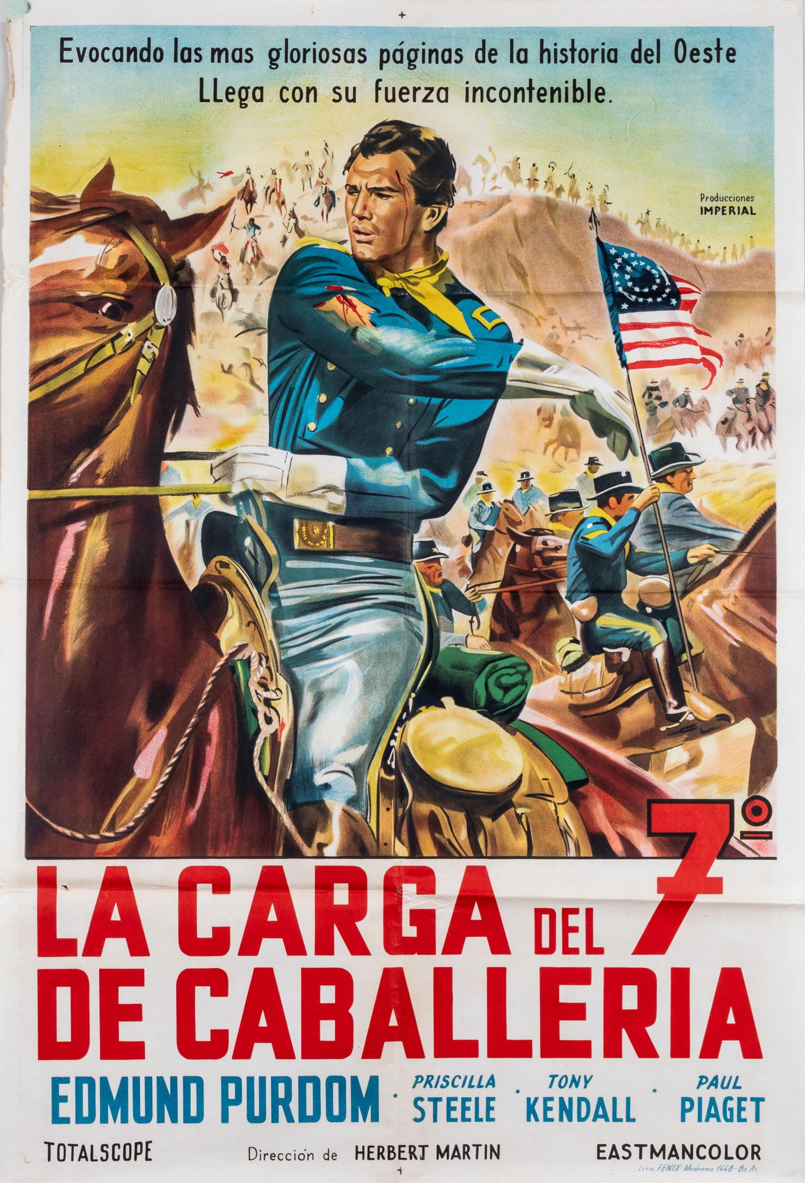 5 VINTAGE AMERICAN WESTERN AND ACTION MOVIE POSTERS: Lot of five vintage American action one-sheet movie posters in Spanish, including 'La Carga Del 7th de Caballeria' [Heroes of Fort Worth] (1965) starring Edmund Purdom and Priscila Steele, 'El Gran Ce