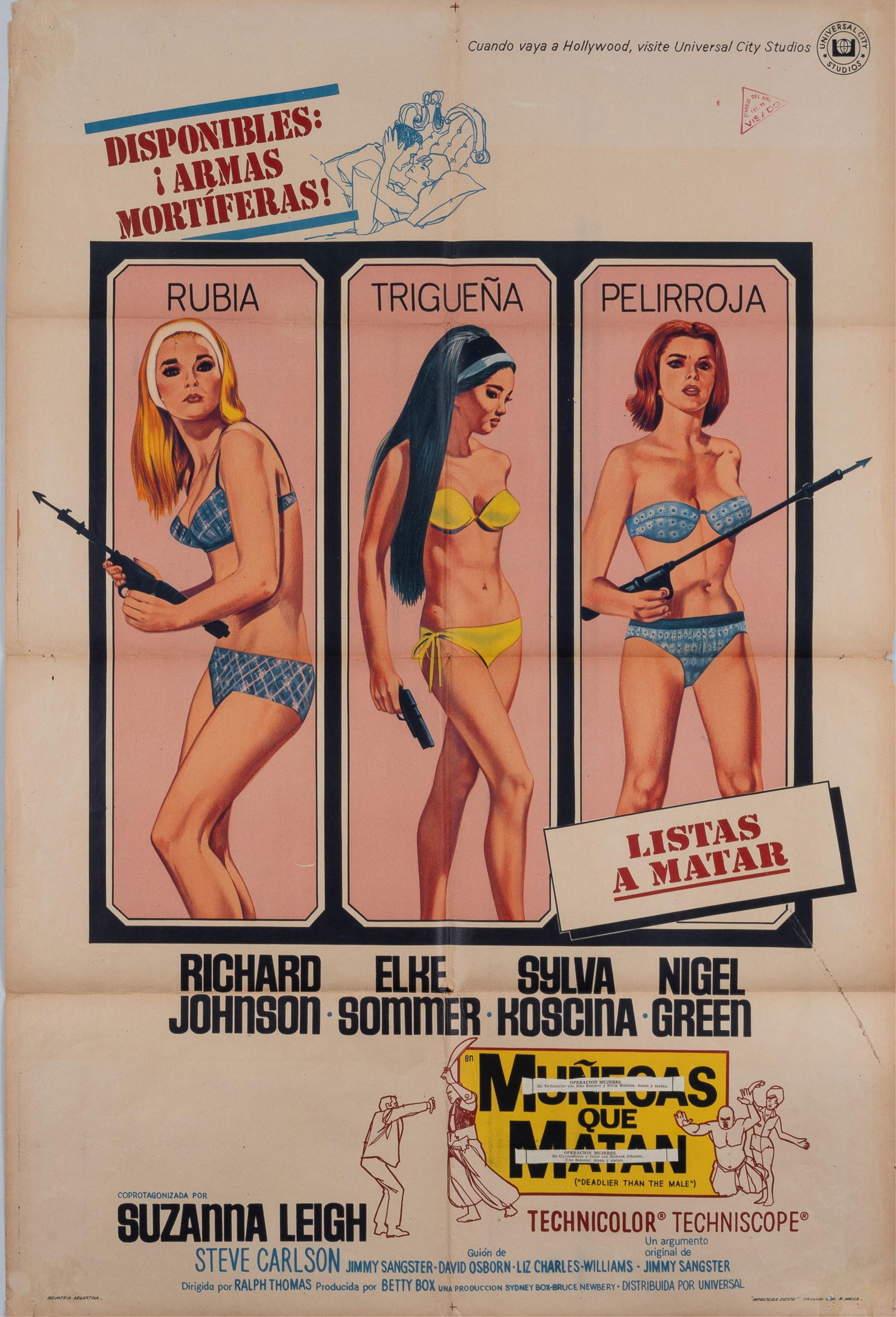 DEADLIER THAN THE MALE AMERICAN MOVIE POSTER IN SPANISH: 'En Munecas Que Matan' [Deadlier Than The Male] (1967) one-sheet movie poster in Spanish, starring Elke Sommer, Sylva Koscina, and Suzanna Leigh, features a color illustration of the three in Bikinis