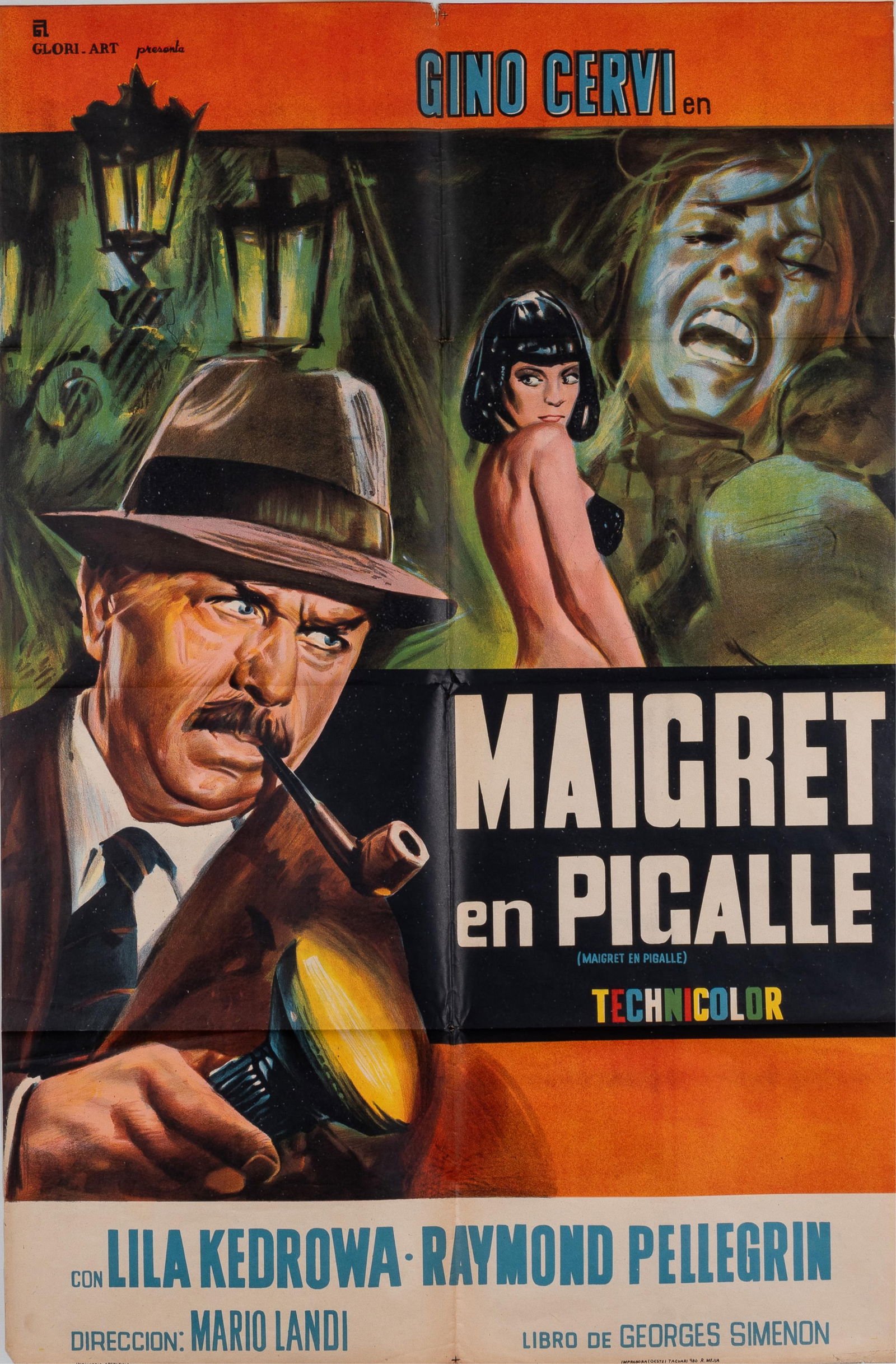 MAIGRET EN PIGALLE ITALIAN MOVIE POSTER IN SPANISH: 'Maigret En Pigalle' [Maigret a Pigalle] (1966), an Italian one-sheet movie poster in Spanish, starring Gino Cervi, features the imagery of a detective and is based on the Belgian novel Inspector Maig