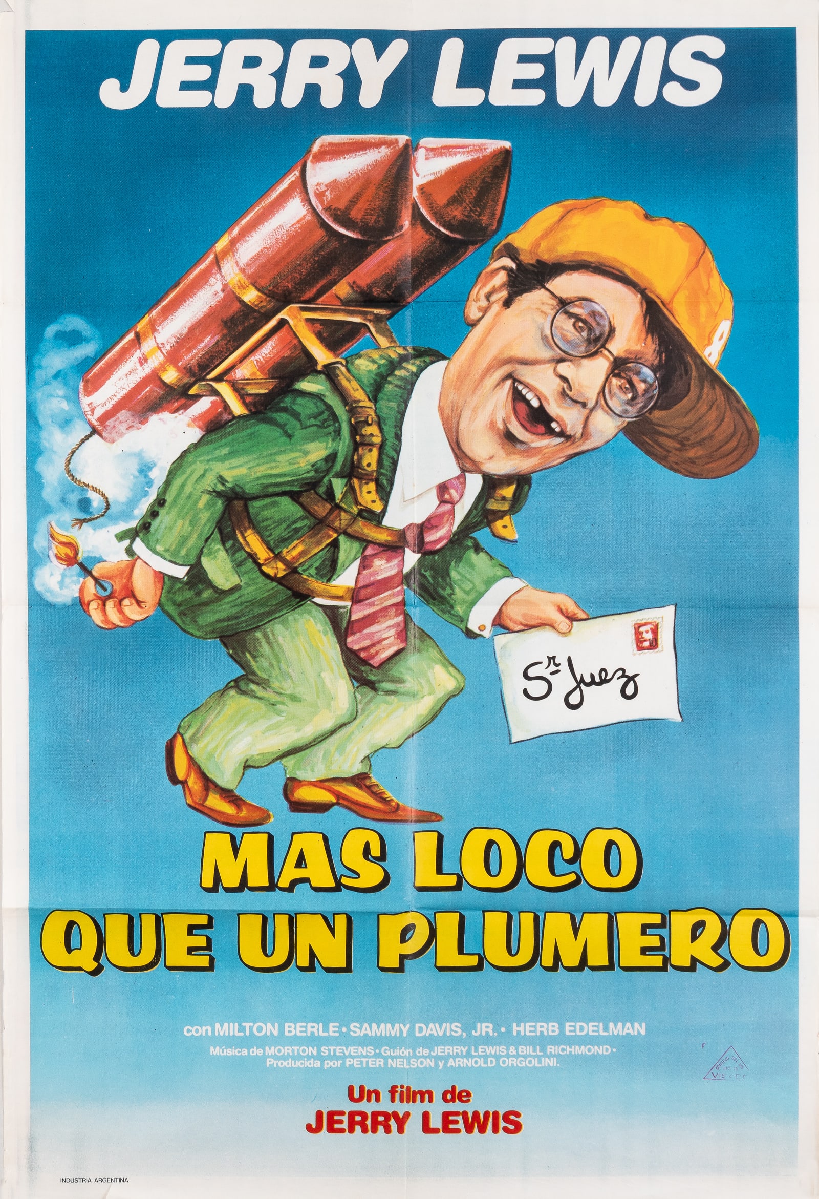 MAS LOCO QUE UN PLUMERO JERRY LEWIS SPANISH MOVIE POSTER: 'Mas Loco Que un Plumero' Spanish movie poster featuring Jerry Lewis, 28.75 x 41 inches, one-sheet movie poster from Argentina, fully folded, with some tears around the margins.