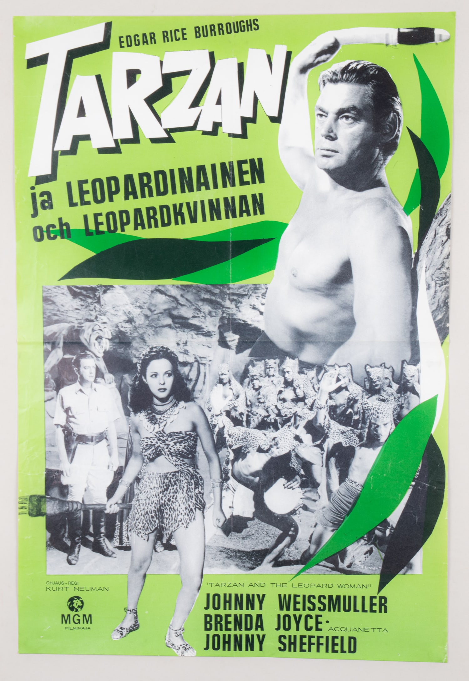 TARZAN AND THE LEOPARD WOMAN FINNISH MOVIE POSTER: Vintage Tarzan and the Leopard Woman movie poster for the Finnish market, starring Johnny Weissmuller and Acquanetta, ca. 1960, MGM Studios. Centerfold, pinholes in the margins, 15 7/8 x 23.5 inches.