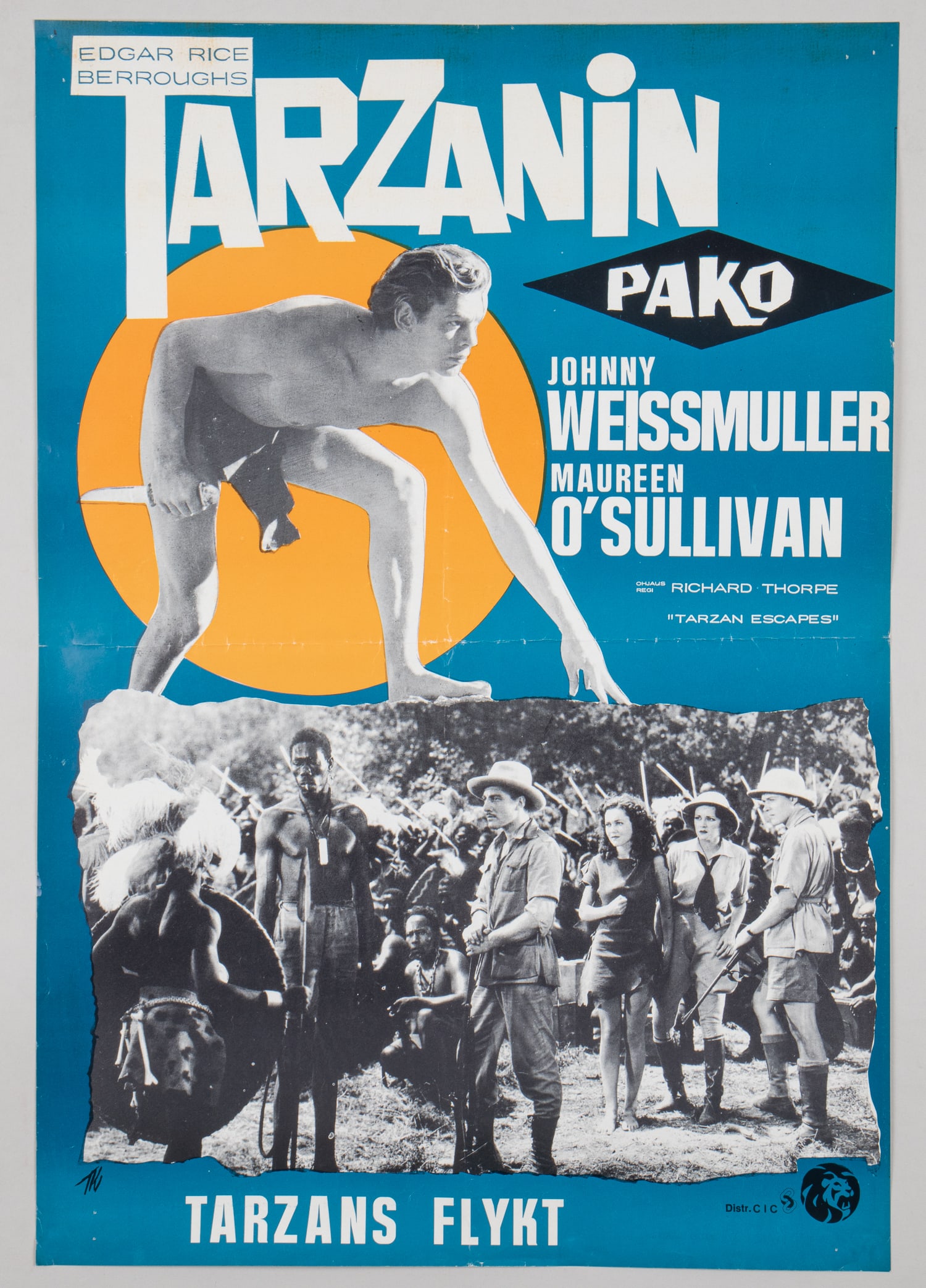 TARZAN ESCAPES FINNISH MOVIE POSTER: Vintage Tarzan Escapes movie poster for the Finnish market, starring Johnny Weissmuller, ca. 1960, MGM Studios. Centerfold, pinholes in the margins, 15 7/8 x 23.5 inches.