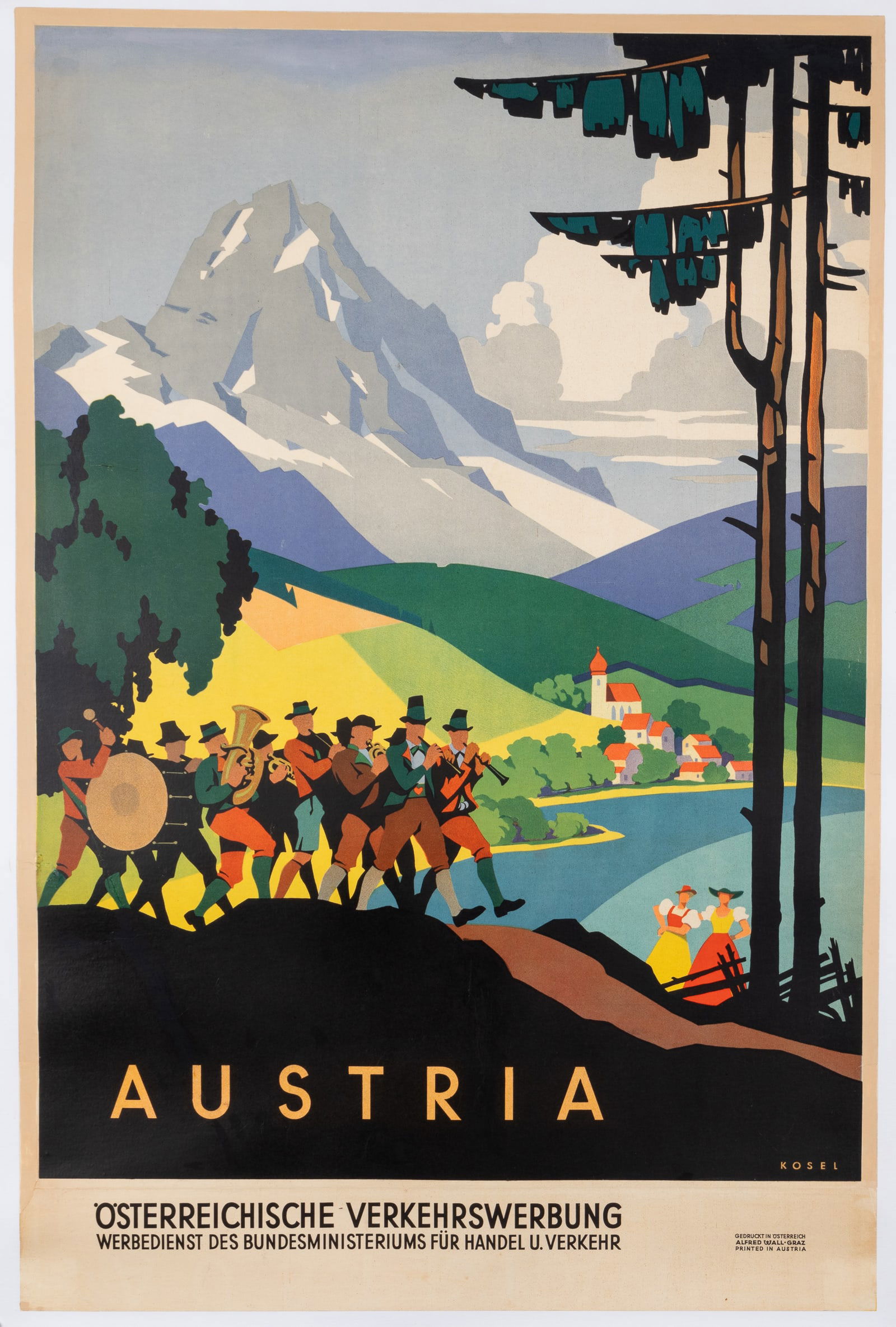 AUSTRIA TRAVEL POSTER BY HERMANN KOSEL: Austria travel poster, artwork by Hermann Kosel (1896-1983). Published by the Austrian trade minstry, printed in Austria by Alfred Wall-Graz, ca 1930s. Linen-backed, minor toning, professionally resto