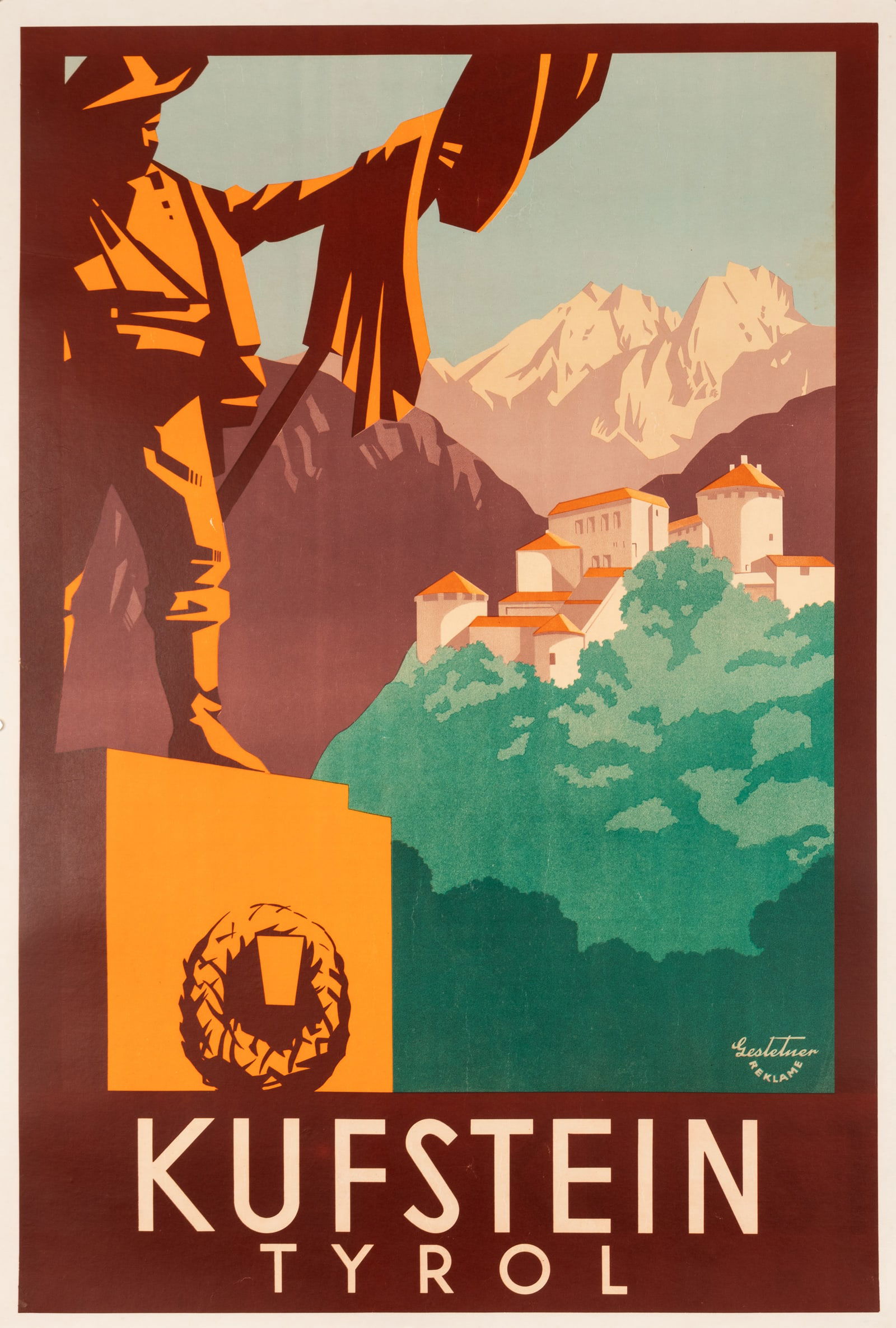 AUSTRIAN TRAVEL POSTER 1930s: Scarce Austrian travel poster, ca. 1930s, 'Kufstein Tyrol,' the poster shows the Kufstein Fortress in the background and the monument of the Tyrolean freedom fighter Andreas Hofer in the foreground. P