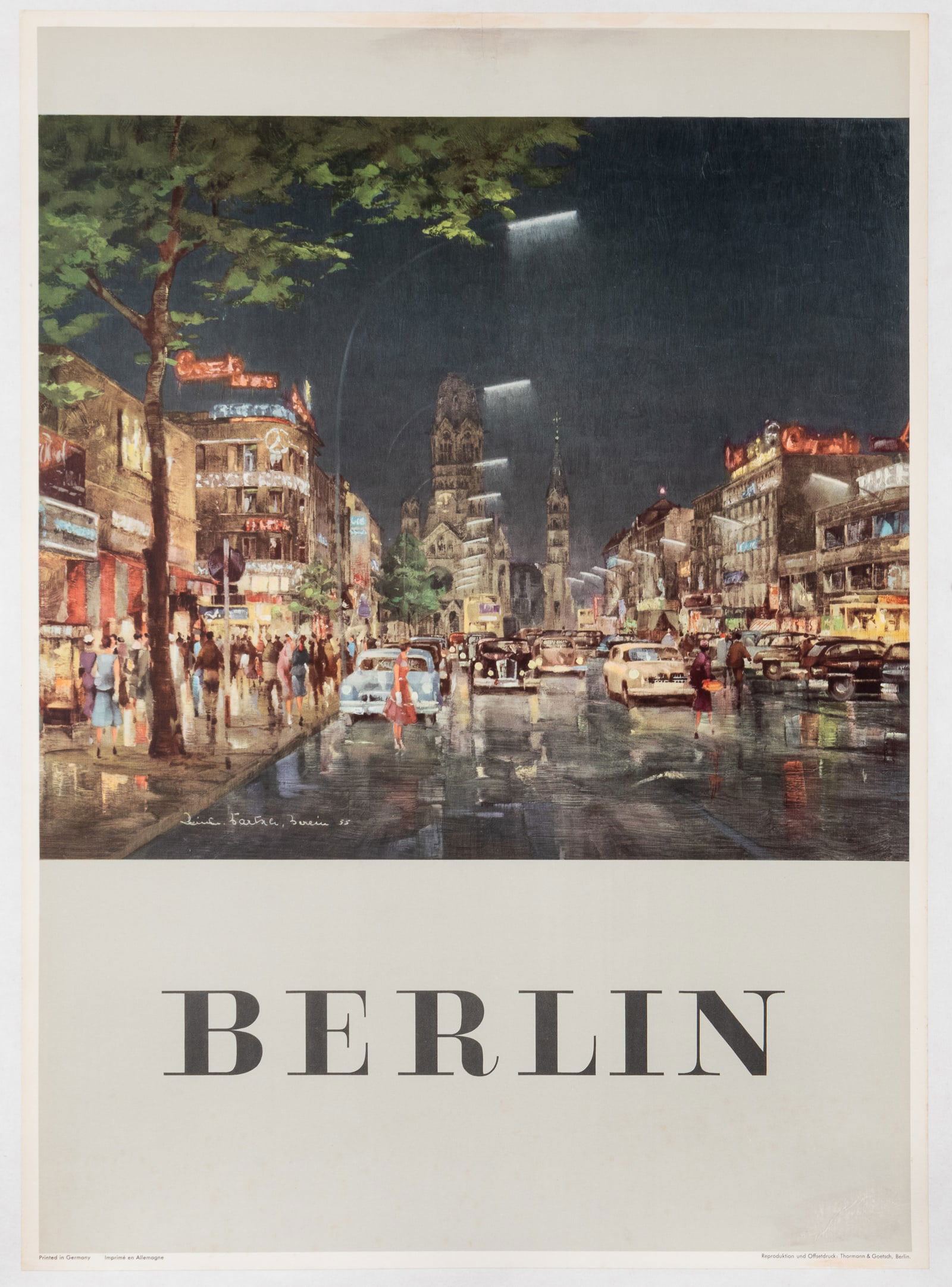 BERLIN TRAVEL POSTER BY REINHARD BARTSCH: Berlin travel poster, artwork of Kurfurstendamm by Reinhard Bartsch (1925-1990), printed by Thormann & Goetsch, ca. 1955. Linen-backed, professionally restored, 24 x 33.25 inches.
