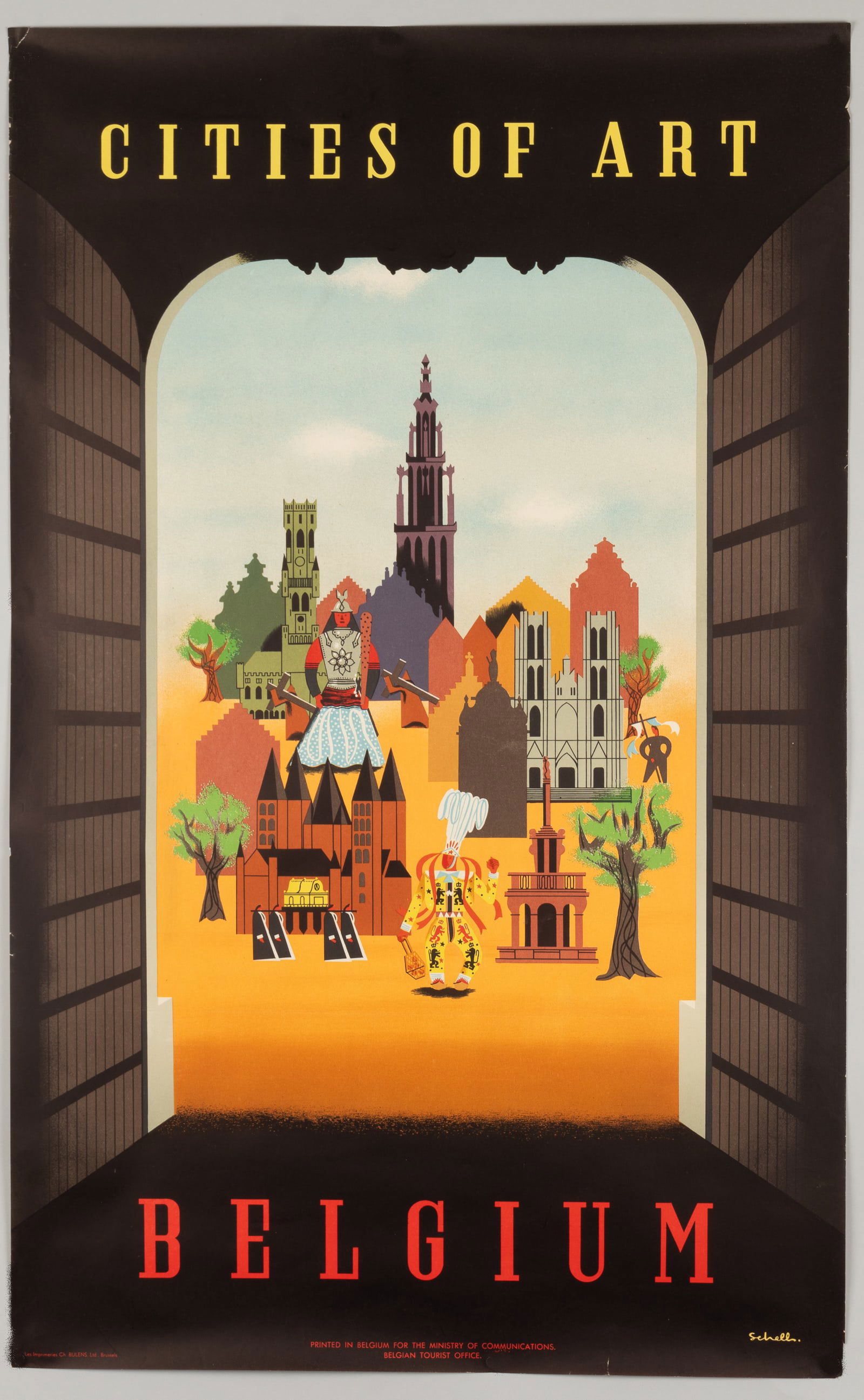 CITIES OF ART BELGIUM TRAVEL POSTER LOUIS SCHELL: Vintage Belgium travel poster 'Cities of Art / Belgium,' artwork by Louis Schell (1924-?), printed in Belgium for the Ministry of Communications, Belgian Tourist Office, ca. 1951. Minor tearing around