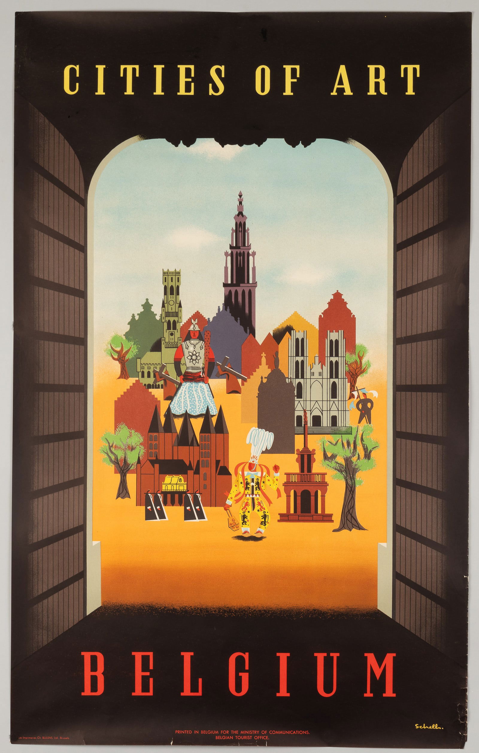 CITIES OF ART BELGIUM TRAVEL POSTER LOUIS SCHELL: Vintage Belgium travel poster 'Cities of Art / Belgium,' artwork by Louis Schell (1924-?), printed in Belgium for the Ministry of Communications, Belgian Tourist Office, ca. 1951. Minor tearing and cr