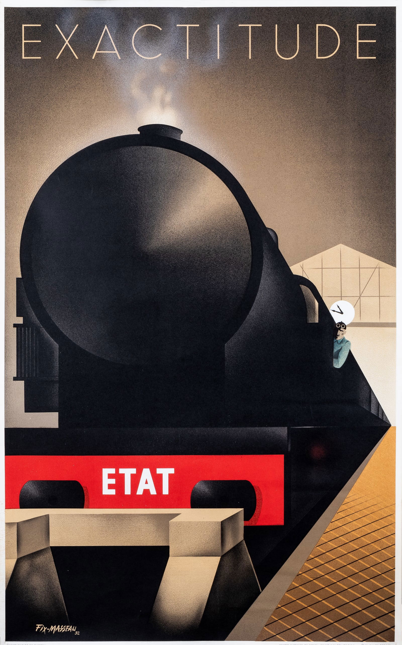 EXACTITUDE ETAT FIX-MASSEAU FRENCH TRAVEL POSTER: Vintage 'Exactitude - Etat' French travel poster, artwork by Pierre Fix-Masseau (1905-1994), 1932, printed by Bedos and CIE. Imp. 14 AV. F.Faure Paris, copyright 1979 Gilles Derain. Some pinholes in t