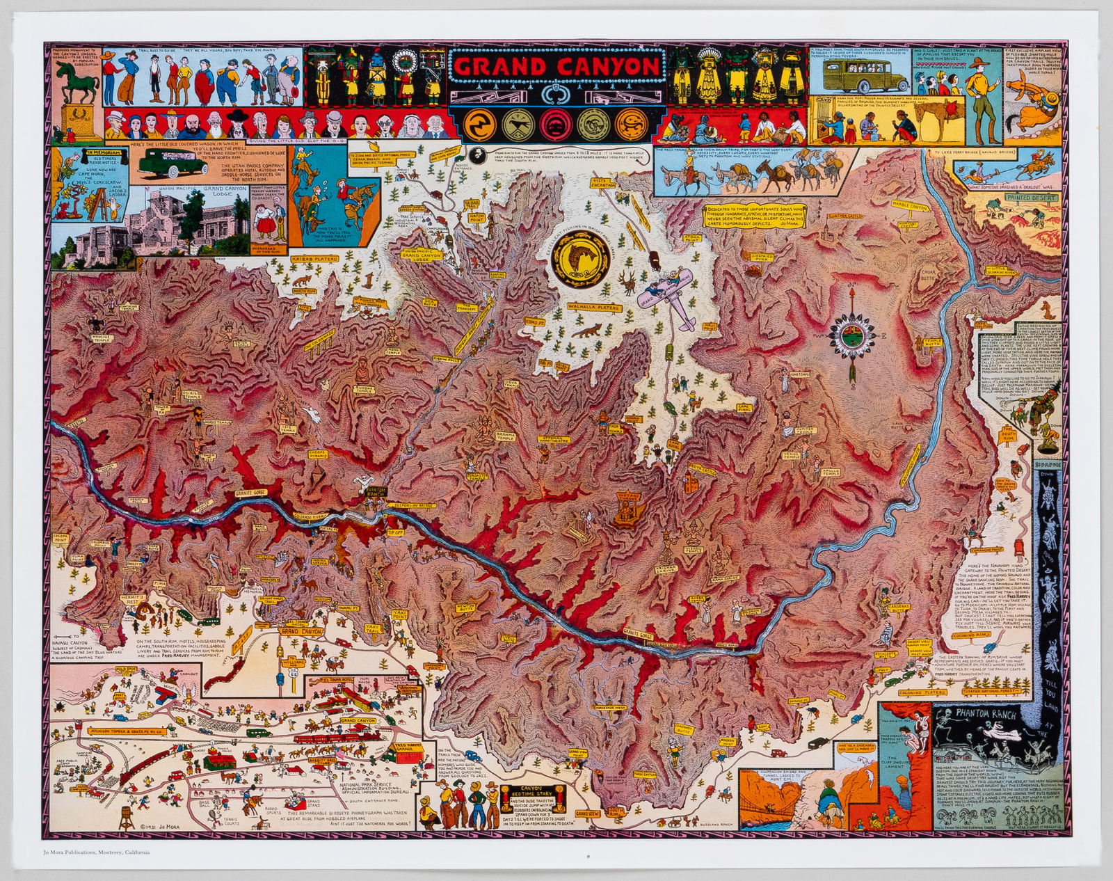 JO MORA GRAND CANYON PICTORIAL MAP: Jo Mora's (1876-1947) whimsical map of the Grand Canyon, one of Mora's earliest maps from 1931. This bright and colorful pictorial map provides a detailed look at the Grand Canyon, with marvelous vign