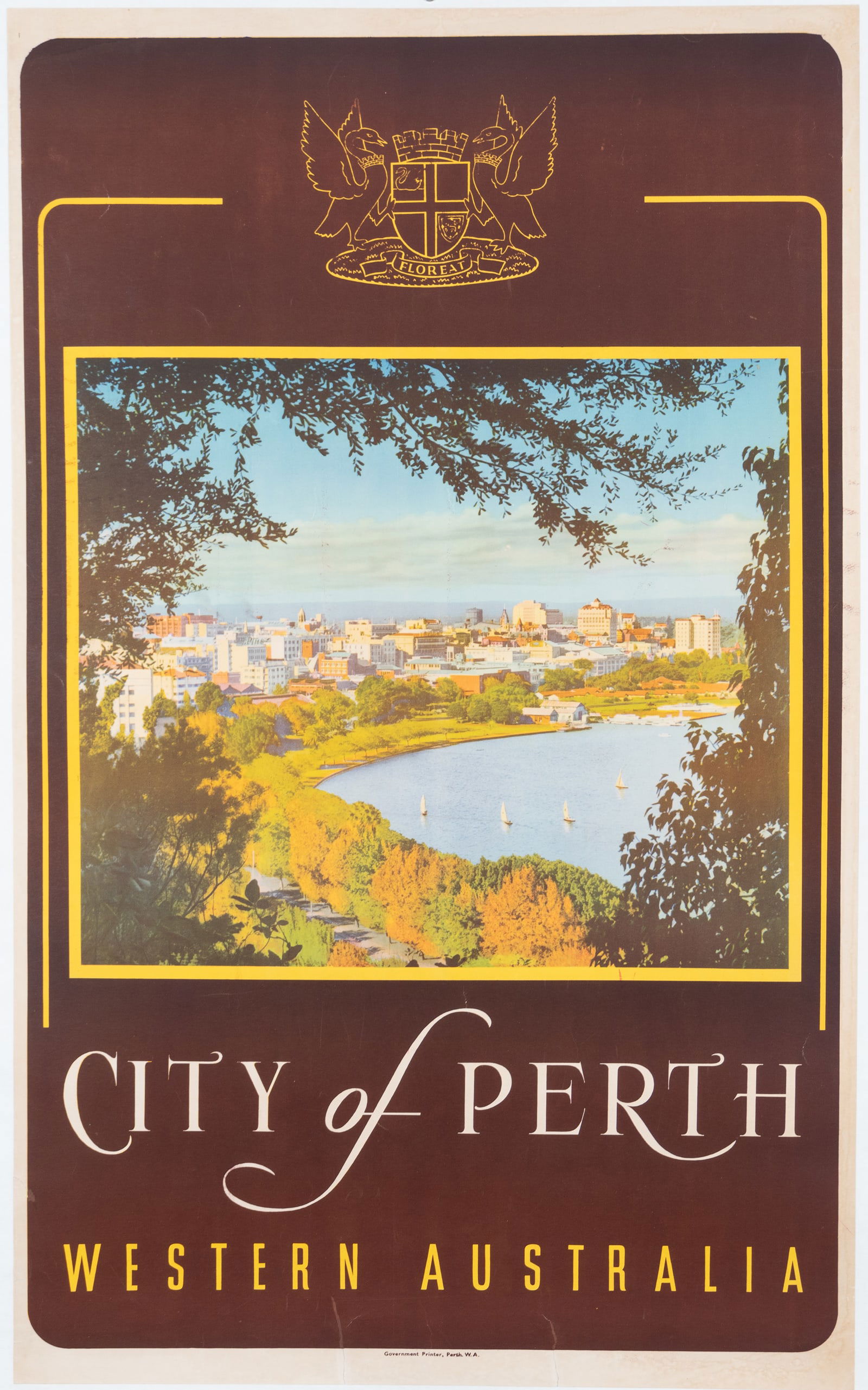 CITY OF PERTH WESTERN AUSTRALIA TRAVEL POSTER: 'City of Perth, Western Australia' travel poster, from Government Printer, Perth. Linen-backed, two 2-inch tears on the bottom margin, 1-inch tear on the left margin, 2 tears on the bottom margin. 23.