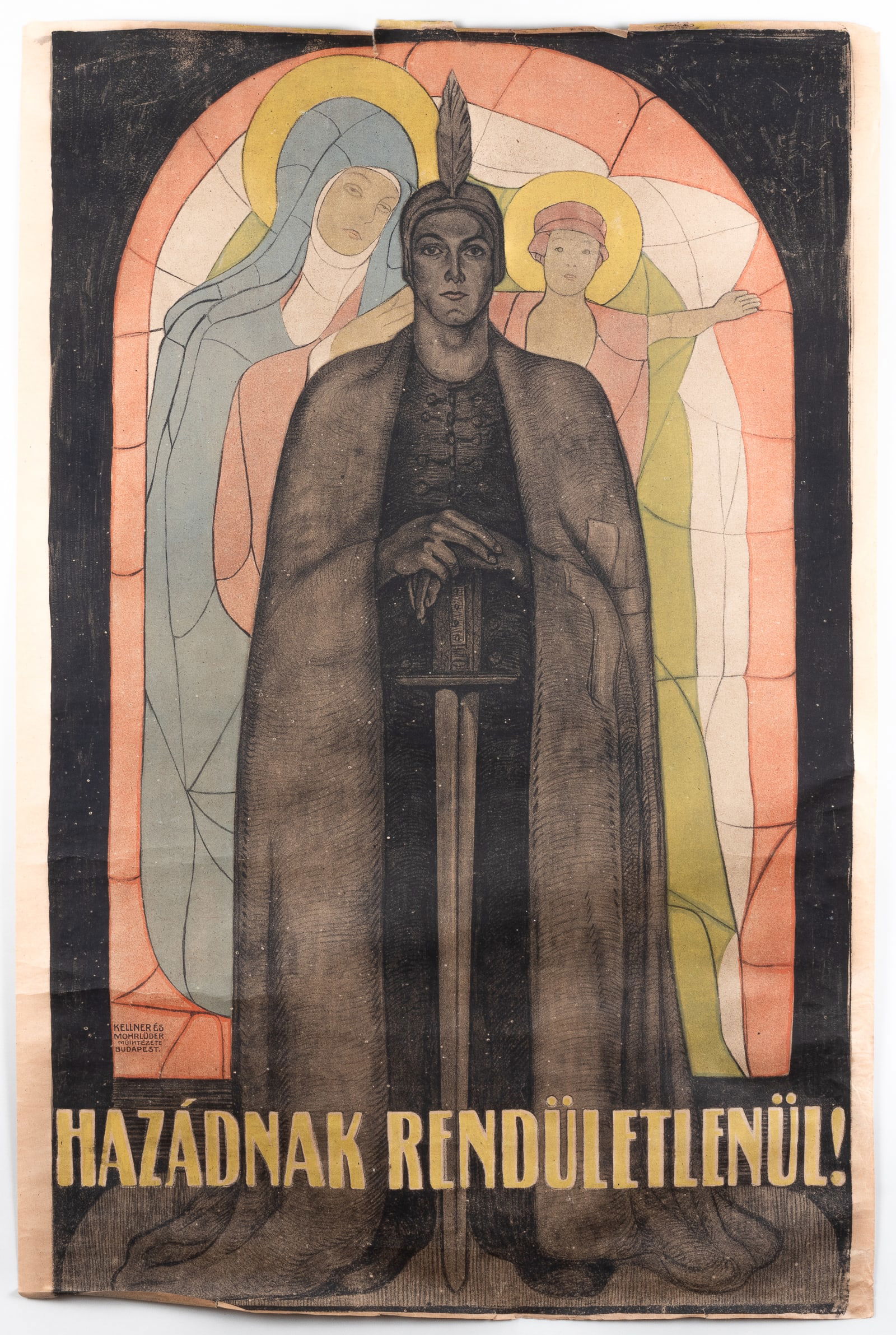 VINTAGE HUNGARIAN PROPAGANDA POSTER: 'Hszadnak Renduletlenul' [They Go Home Disorganized], artist unknown, features a female warrior in bronze and black towers, with stained glass windows in the back, ca. 1919. Printed by Kellner es Mohr