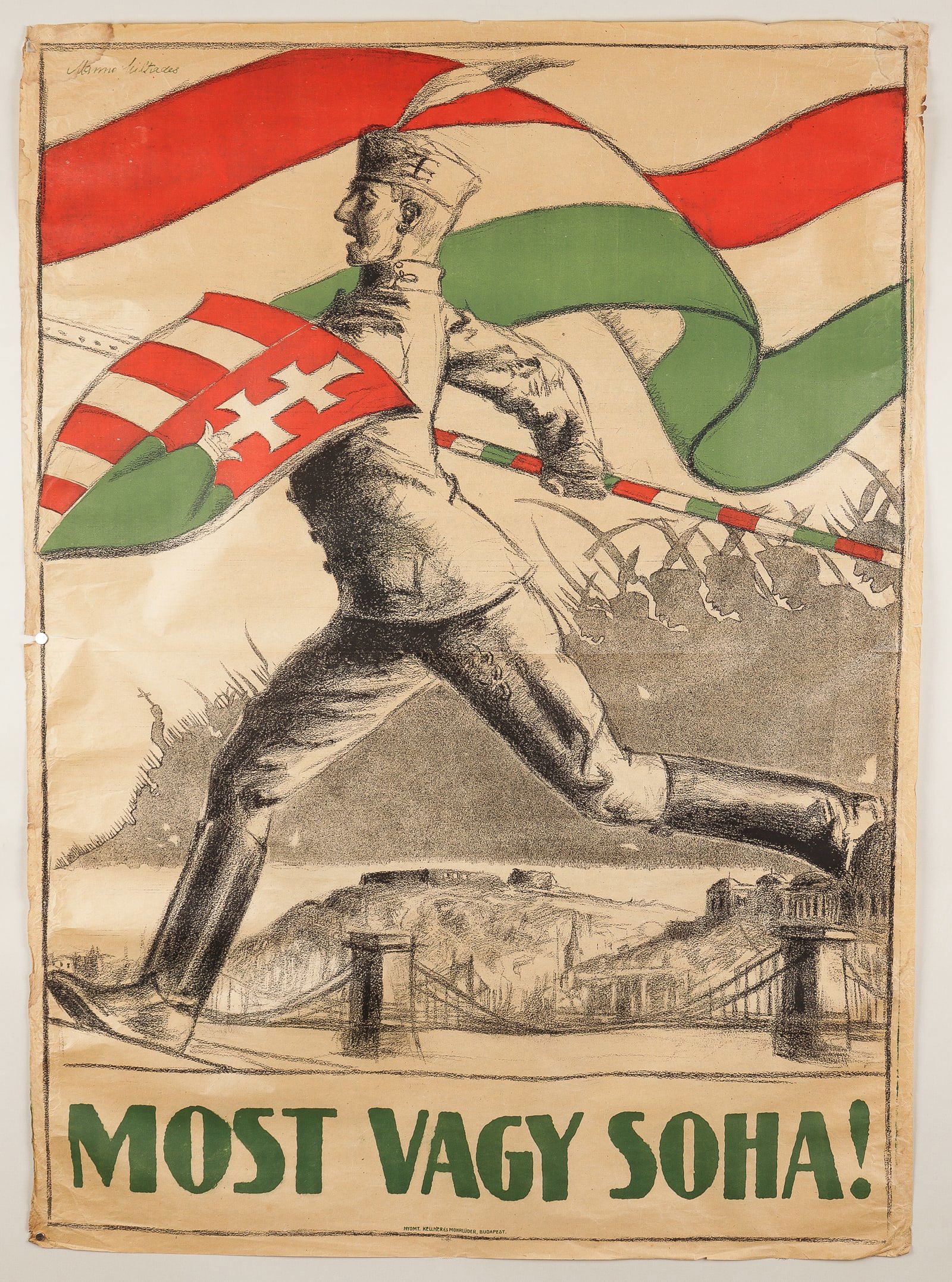 VINTAGE HUNGARIAN PROPAGANDA POSTER BY MANNO MILTIADES: Manno Miltiades (1879-1935), Greek-born Hungarian artist, painter, sculptor, and Olympic athlete, known as a propaganda artist under Miklos Horthy. Scarce original propaganda poster with the slogan 'M