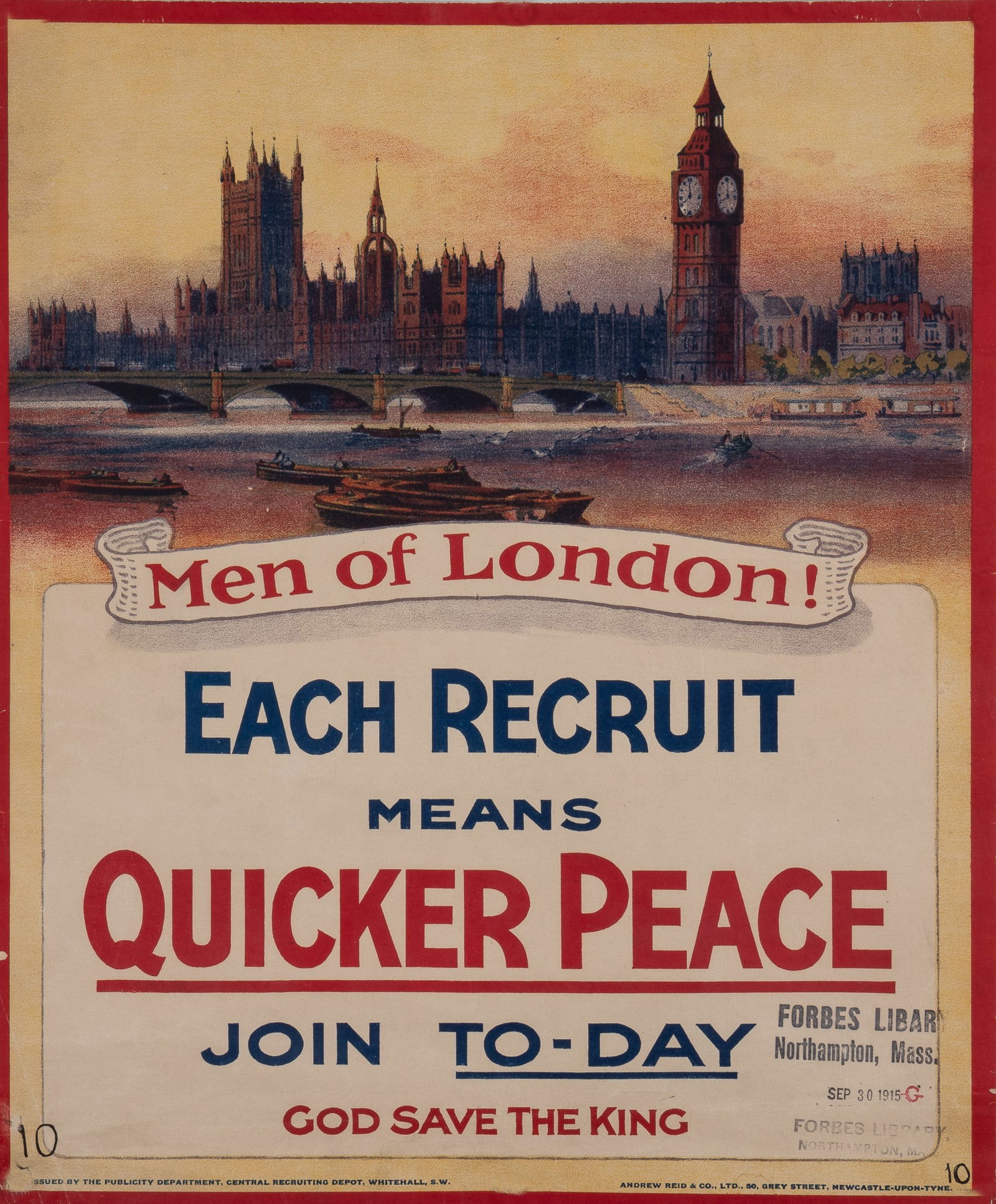 WWI BRITISH RECRUITING POSTER 'MEN OF LONDON!' FROM FORBES LIBRARY (1 of 2)