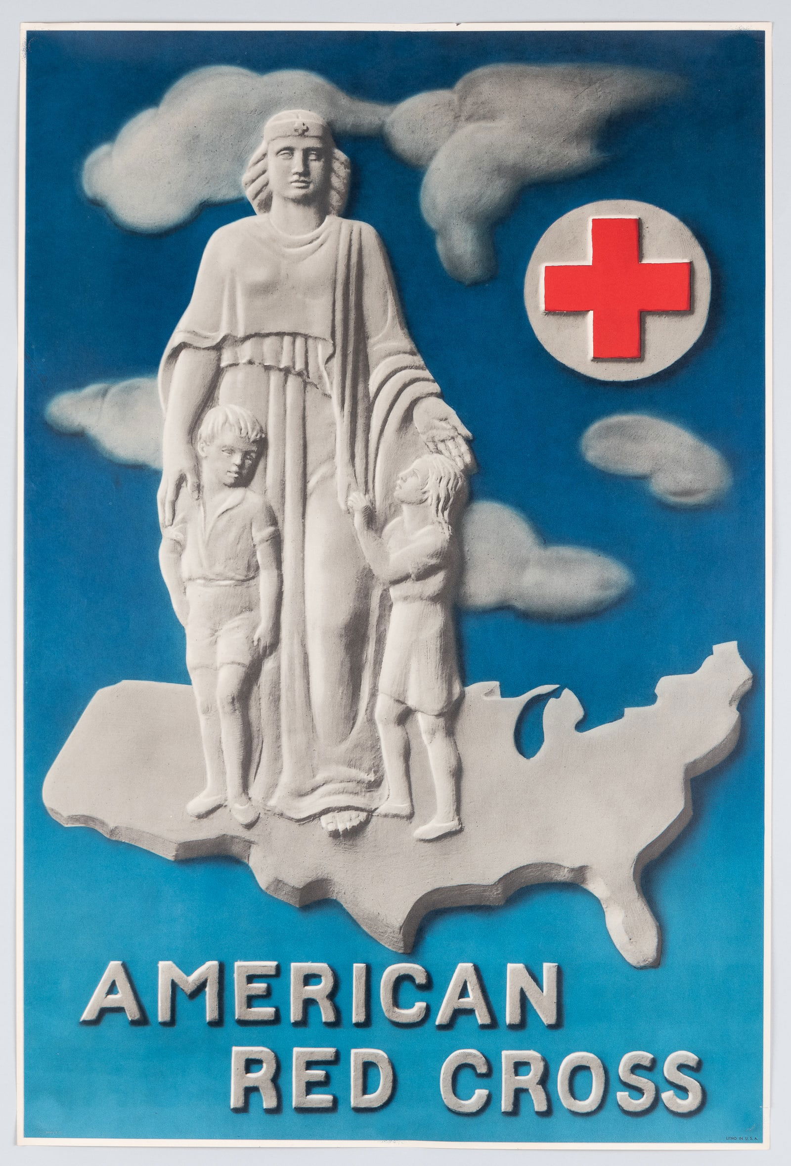 AMERICAN RED CROSS HOME FRONT POSTER: 'American Red Cross,' featuring an illustration of a sculpture by Malvina Cornell Hoffman (1885-1966), ca. 1920. Minor chipping around the margins. 20 x 30 inches.