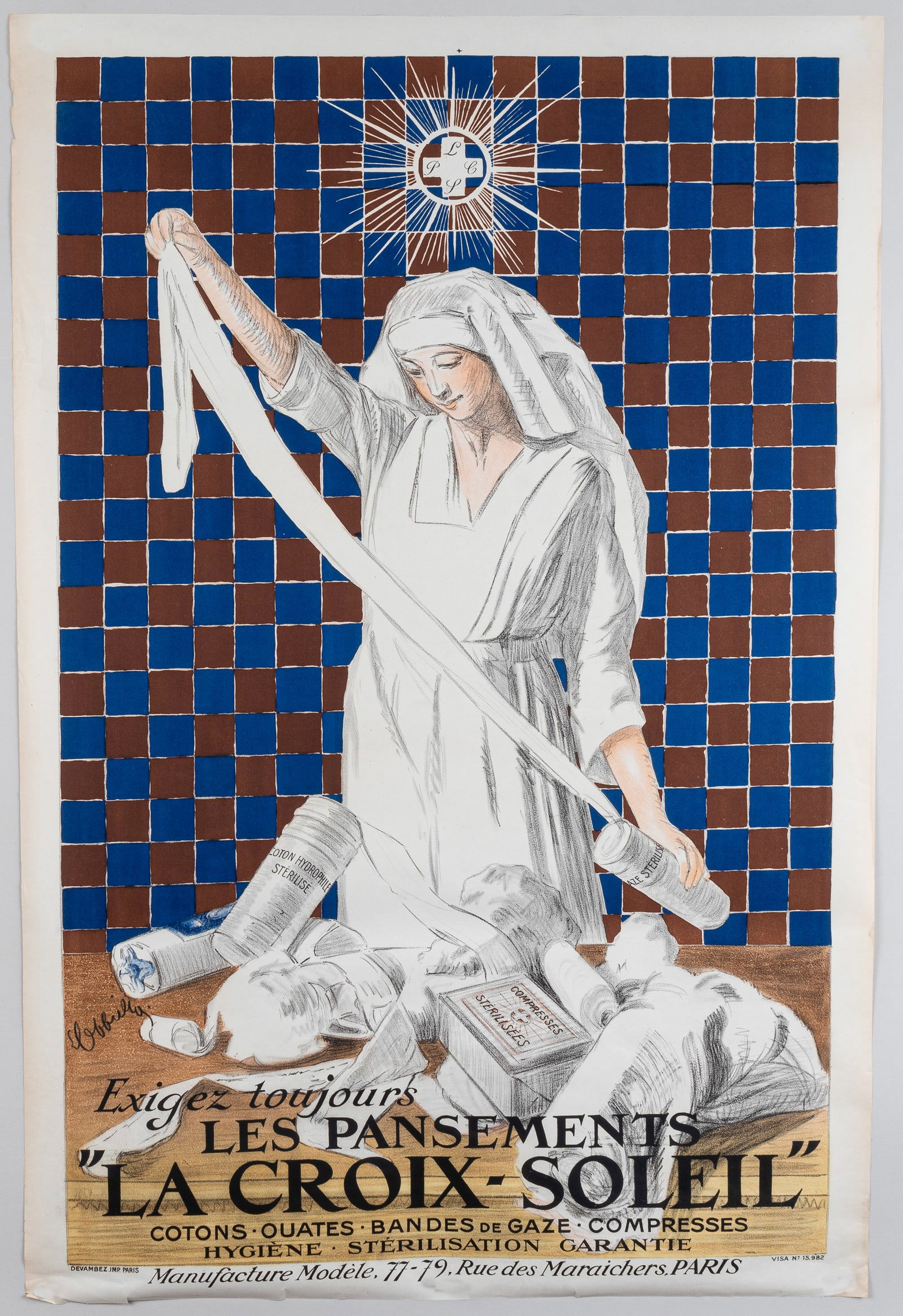 LA CROIX-SOLEIL WWI POSTER BY LEONETTO CAPPIELLO: Original Leonetto Cappiello (1875-1942). Original WWI French advertising poster for 'La Croix-Soleil' bandages 'Exigez toujours les pansements 'La Croix Soleil.' Printed by Devambez, Paris, 1919. 31.5