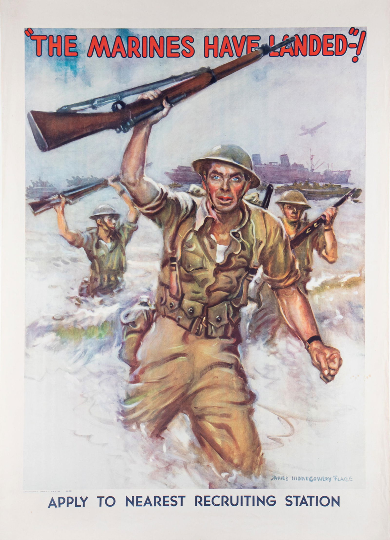 MARINES HAVE LANDED JAMES MONTGOMERY FLAGG POSTER: WWII Marine Corps recruitment poster, 'The Marines Have Landed-! / Apply To Nearest Recruiting Station.' Artwork by James Montgomery Flagg (1877-1960), U.S. Marine Corps Recruiting Service, 1942,