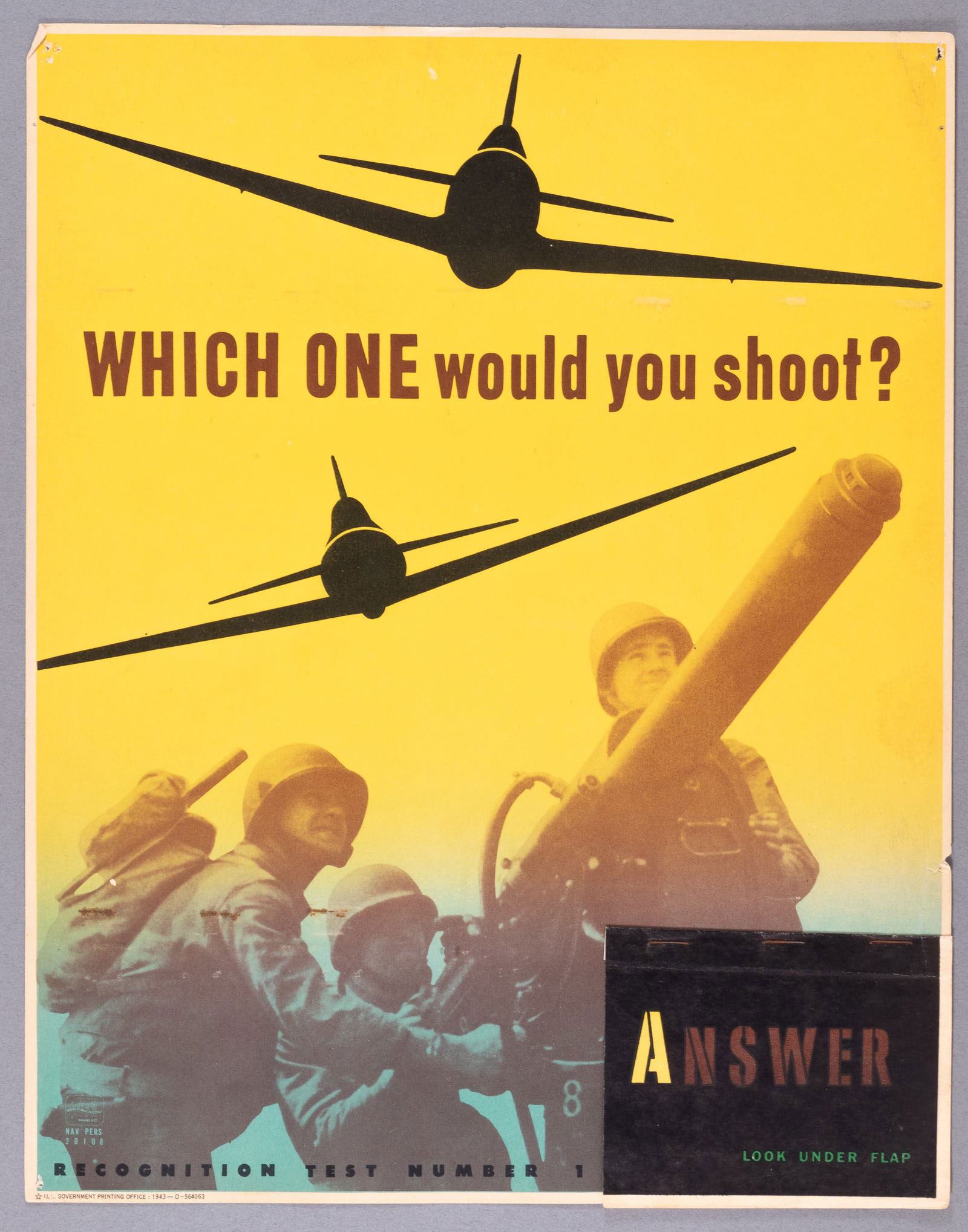 WHICH ONE WOULD YOU SHOOT? WWII AIRCRAFT RECOGNITION POSTER #1 !!!: Scarce #1 poster out of the long-running series of WWII U.S. Navy recognition teaching aid posters used to train troops to recognize friendly and enemy planes based on silhouettes. Plane Recognition