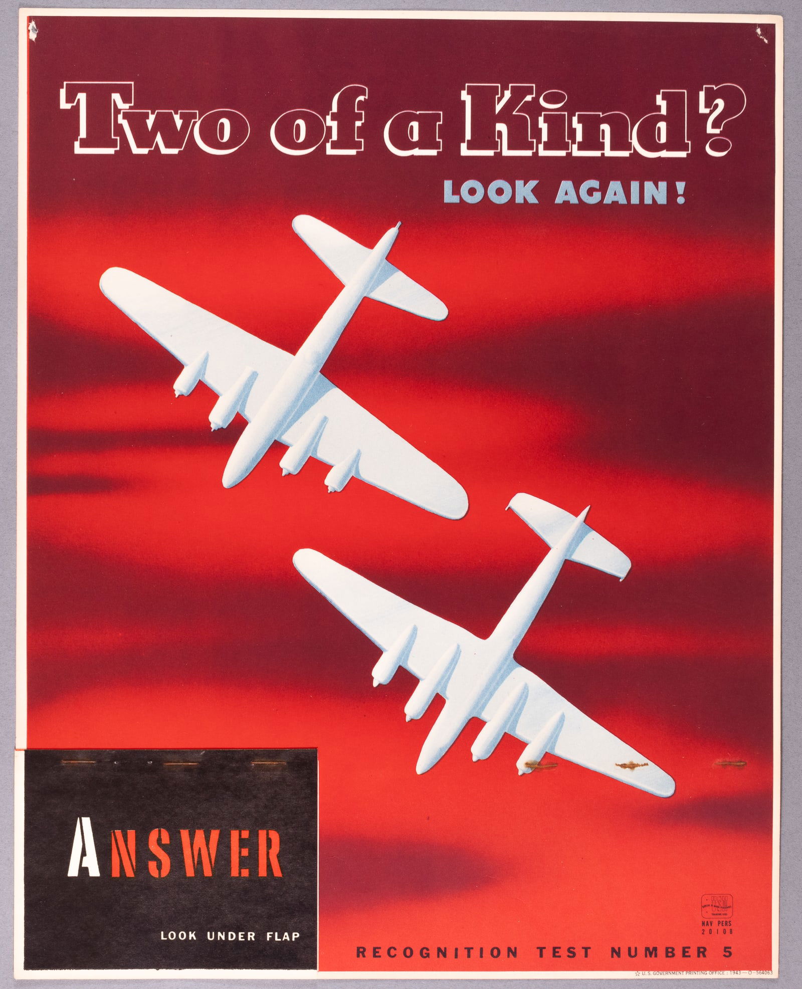 TWO OF A KIND? LOOK AGAIN! WWII AIRCRAFT RECOGNITION POSTER #5: Number #5 of a series of WWII U.S. Navy recognition teaching aid posters used to train troops to recognize friendly and enemy planes based on silhouettes. Plane Recognition Test Number 5, 'Two of a