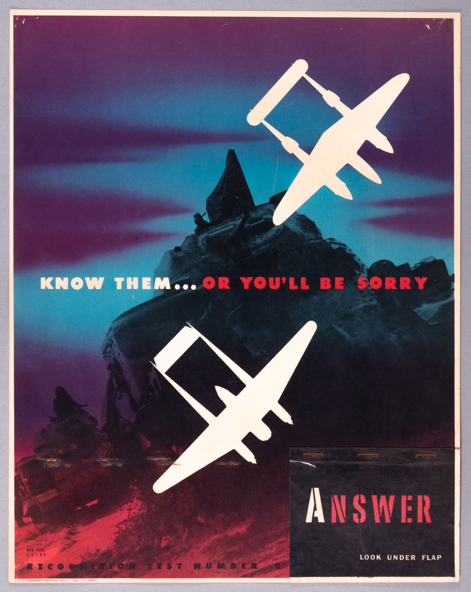 KNOW THEM...OR YOU'LL BE SORRY - WWII AIRCRAFT RECOGNITION POSTER #8: Number #8 of a series of WWII U.S. Navy recognition teaching aid posters used to train troops to recognize friendly and enemy planes based on silhouettes. Plane Recognition Test Number 8, 'Know