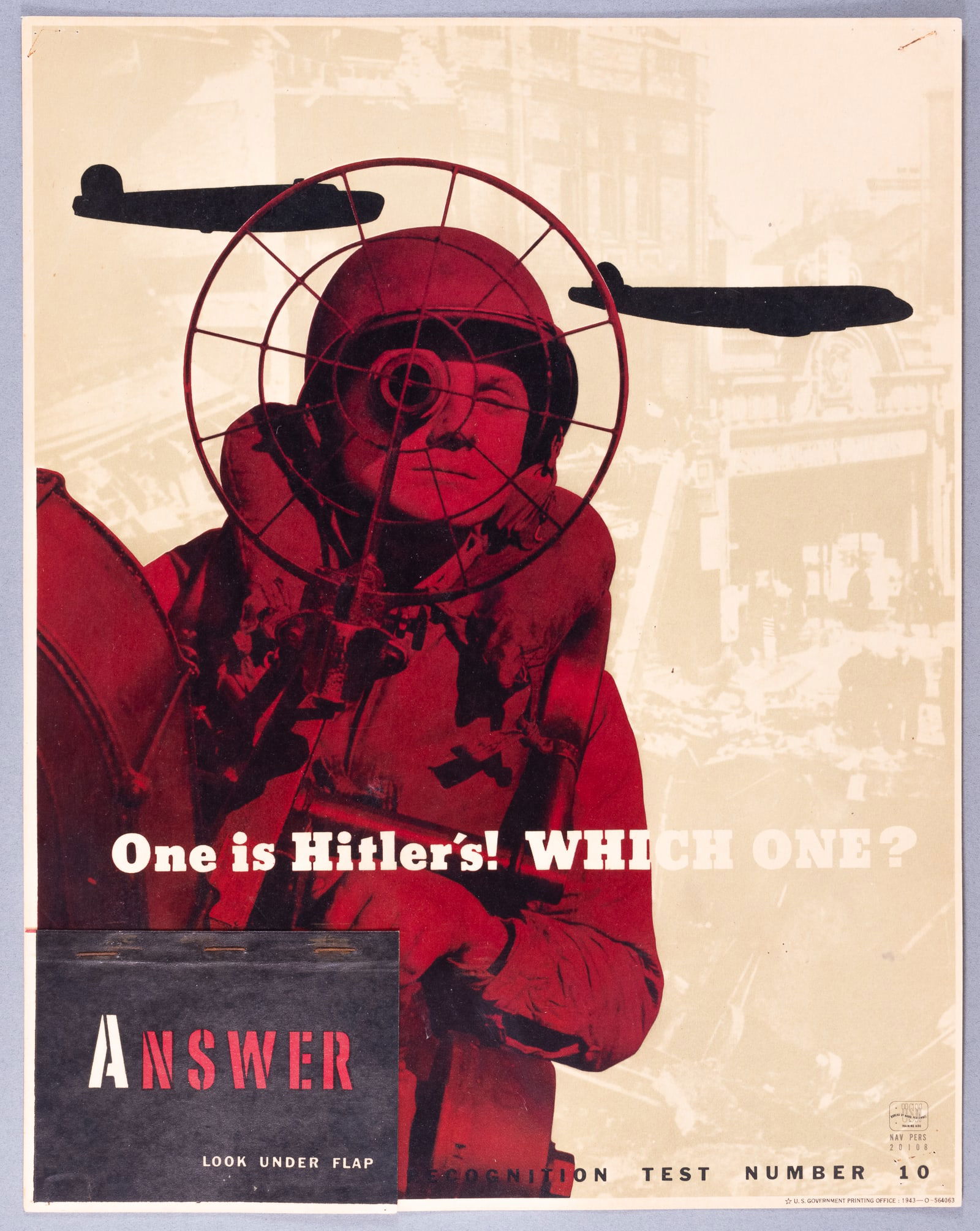 ONE IS HITLER'S! WHICH ONE? WWII AIRCRAFT RECOGNITION POSTER #10: Number #10 of a series of WWII U.S. Navy recognition teaching aid posters used to train troops to recognize friendly and enemy planes based on silhouettes. Plane Recognition Test Number 10, 'One is