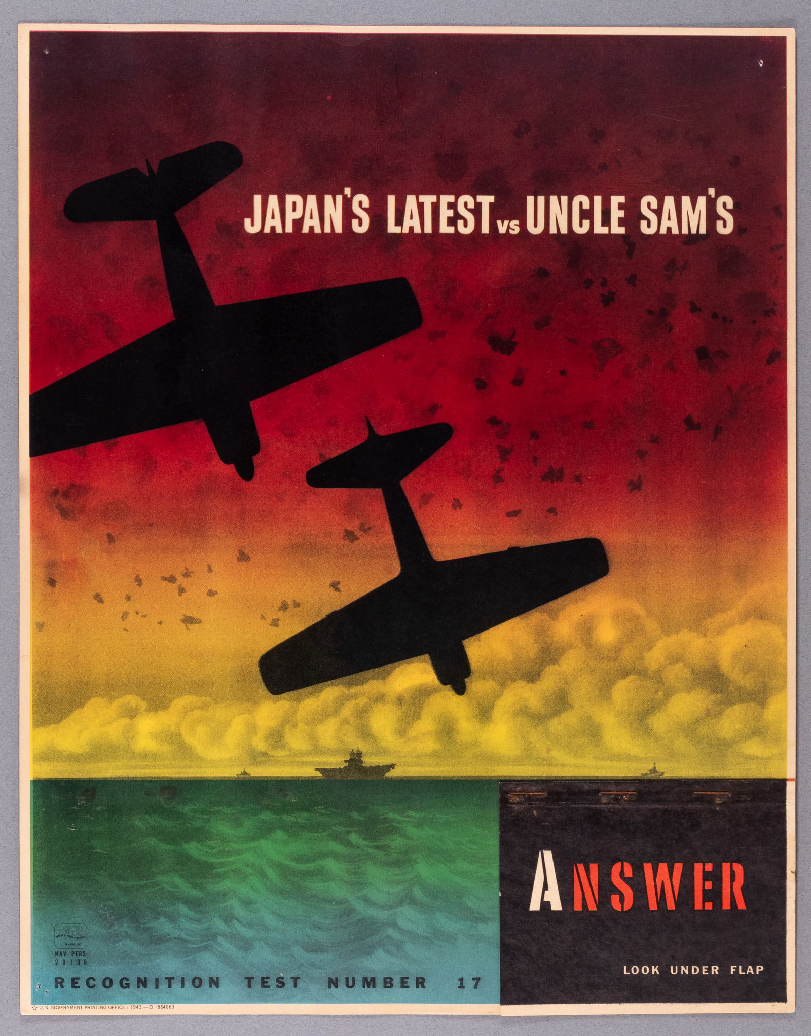 JAPAN'S LATEST VS UNCLE SAM'S - WWII AIRCRAFT RECOGNITION POSTER #17: Number #17 of a series of WWII U.S. Navy recognition teaching aid posters used to train troops to recognize friendly and enemy planes based on silhouettes. Plane Recognition Test Number 17, 'Japan's