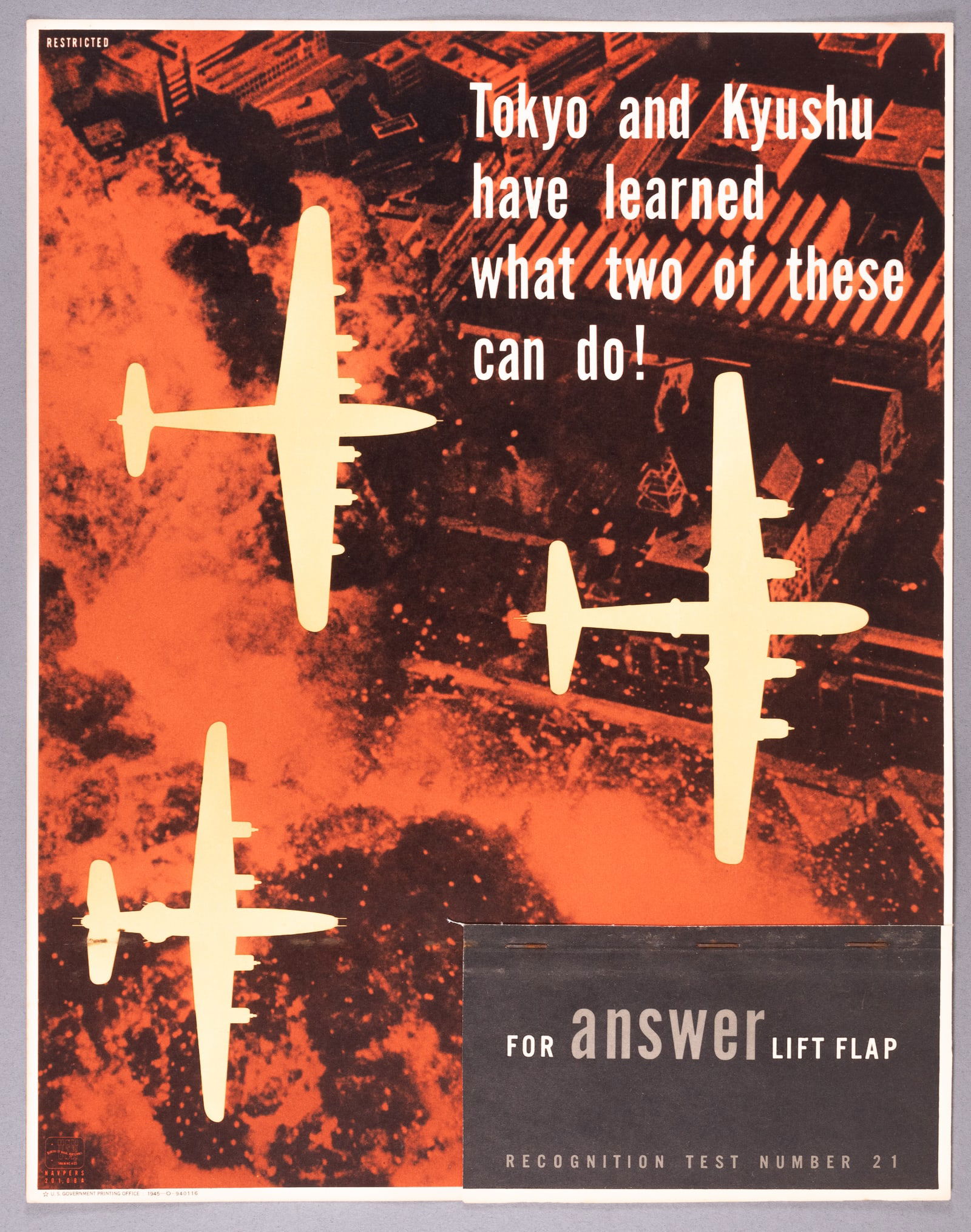 TOKYO AND KYUSHU - WWII AIRCRAFT RECOGNITION POSTER #21: Number #21 of a series of WWII U.S. Navy recognition teaching aid posters used to train troops to recognize friendly and enemy planes based on silhouettes. Plane Recognition Test Number 21, marked