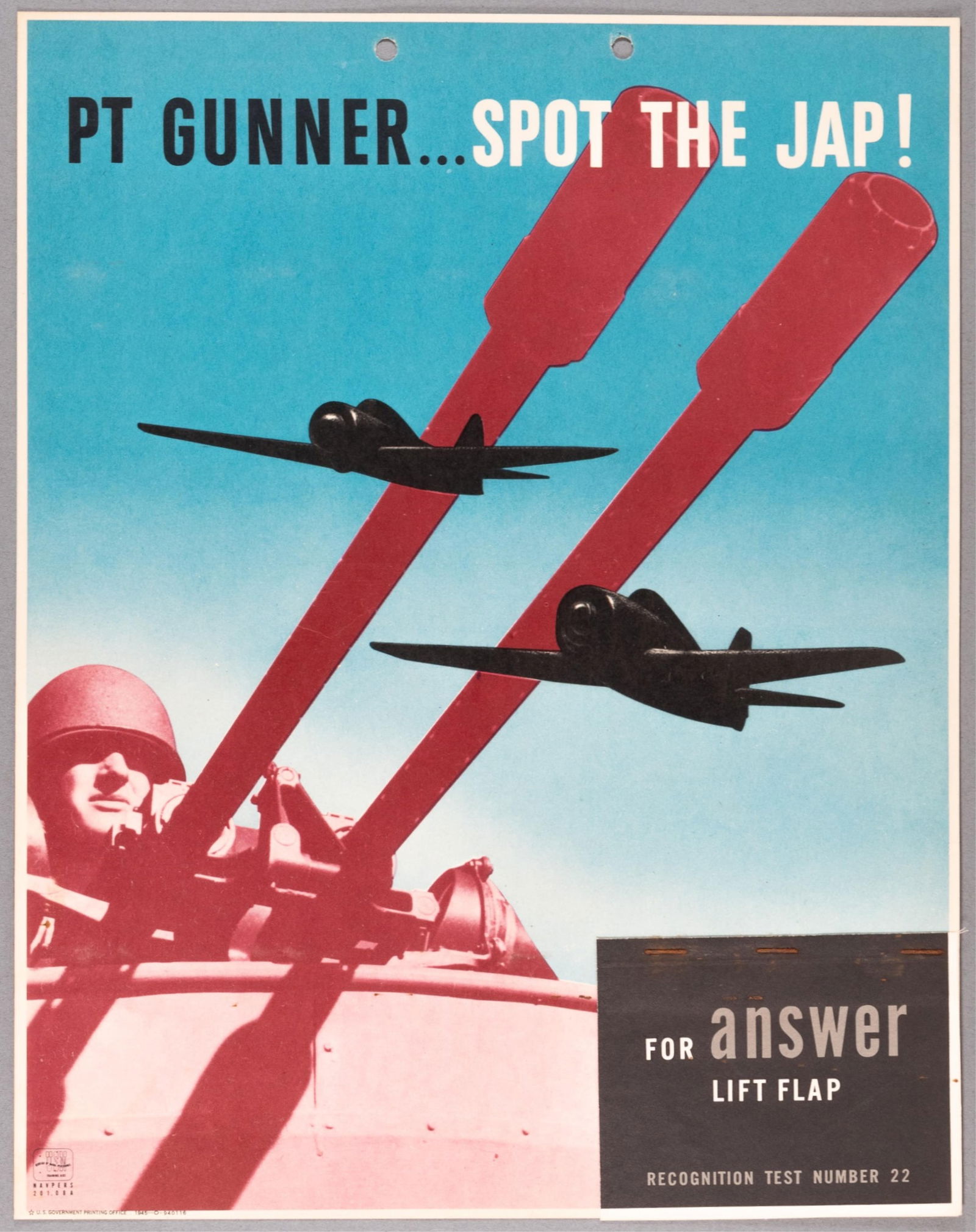 PT GUNNER...SPOT THE JAP - WWII AIRCRAFT RECOGNITION POSTER #22: Number #22 of a series of WWII U.S. Navy recognition teaching aid posters used to train troops to recognize friendly and enemy planes based on silhouettes. Plane Recognition Test Number 22, 'PT