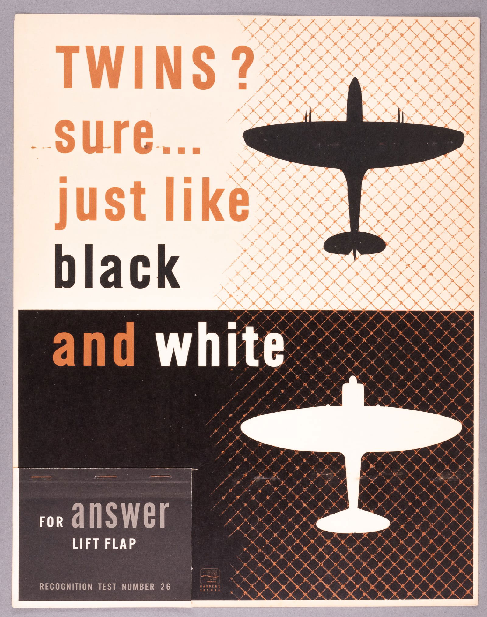 TWINS? SURE...JUST LIKE BLACK AND WHITE - WWII AIRCRAFT RECOGNITION POSTER #26: Number #26 of a series of WWII U.S. Navy recognition teaching aid posters used to train troops to recognize friendly and enemy planes based on silhouettes. Plane Recognition Test Number 26, 'Twins?