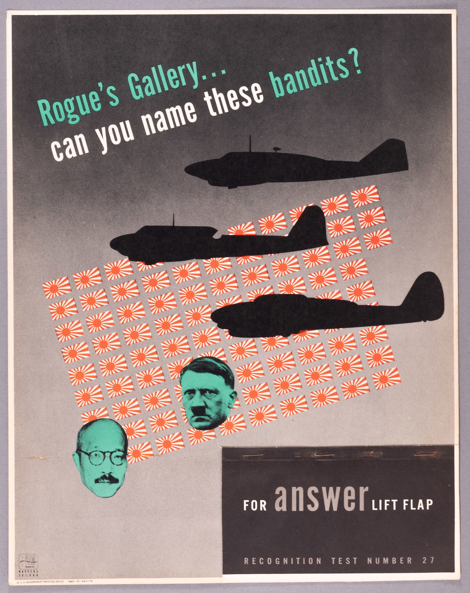 ROGUE'S GALLERY...CAN YOU NAME THESE BANDITS? WWII AIRCRAFT RECOGNITION POSTER #27: Number #27 of a series of WWII U.S. Navy recognition teaching aid posters used to train troops to recognize friendly and enemy planes based on silhouettes. Plane Recognition Test Number 27, 'Rogue's