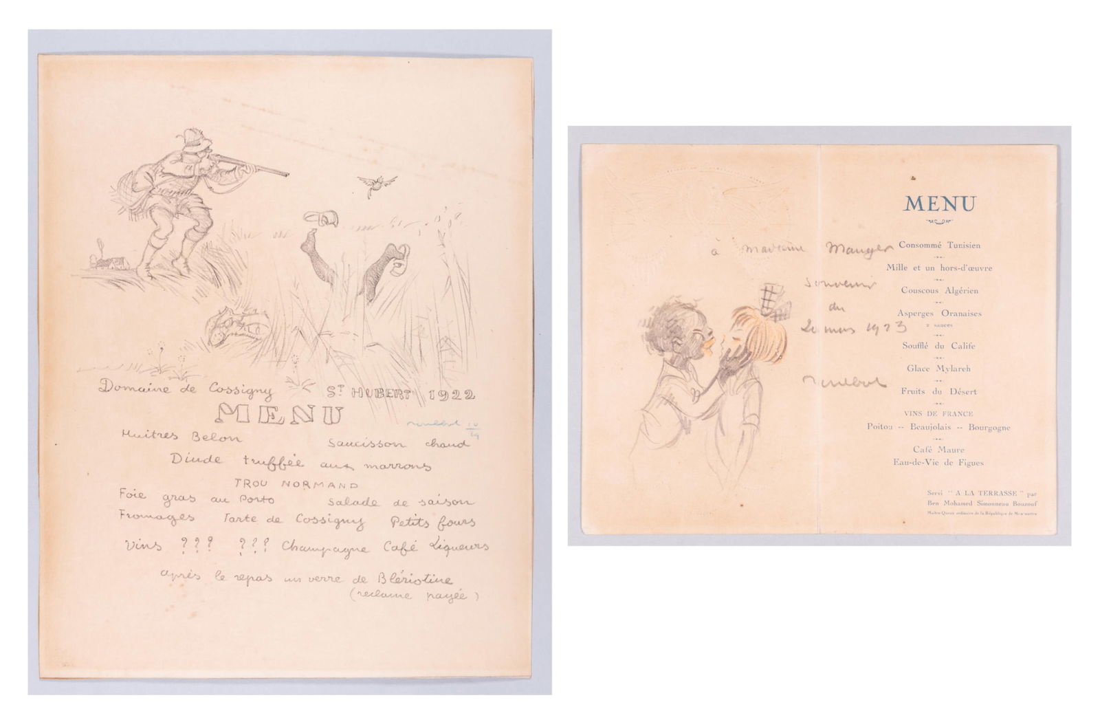 2 FRANCISQUE POULBOT HAND SIGNED MENU: Two antique Francisque Poulbot (1867-1946) hand-signed menus, including one Diner Arabe menu, with pencil sketch and inscription, signed at the end by Poulbot and dated 1923. Also with a St. Hubert's