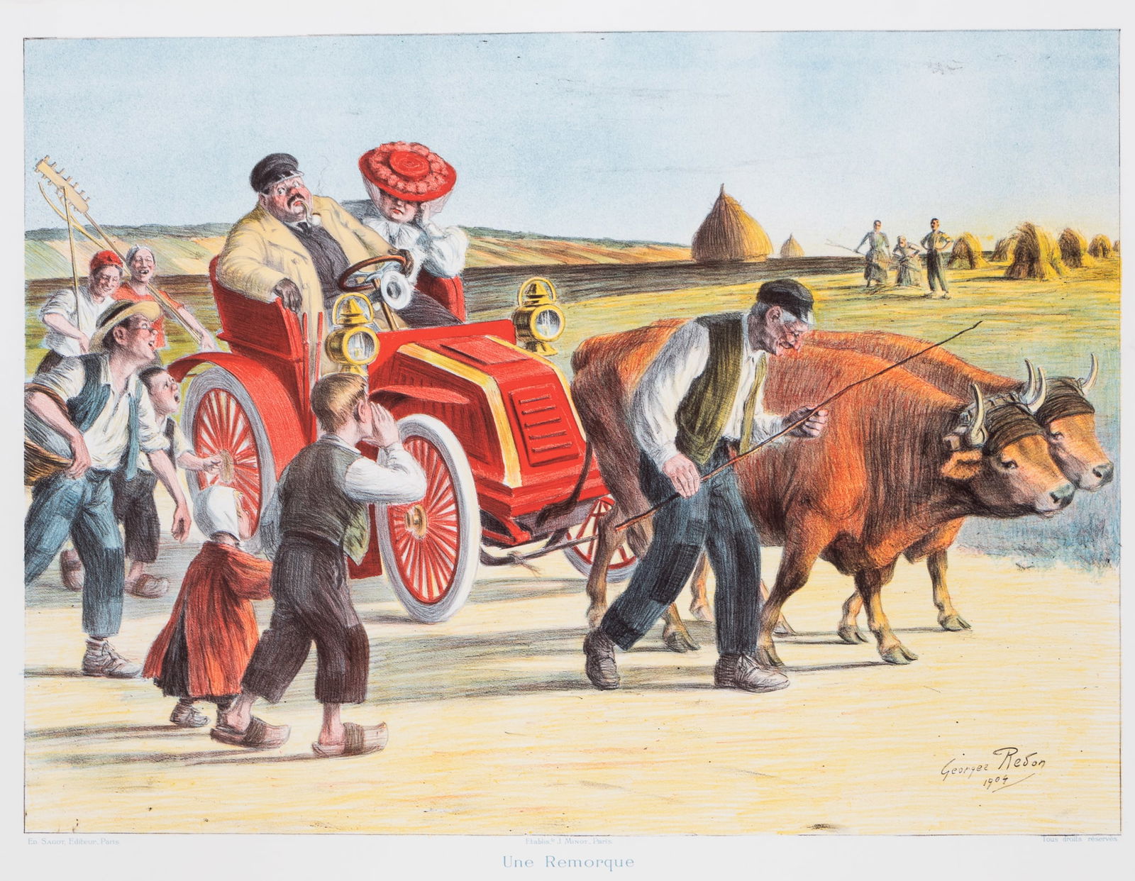 UNE REMORQUE - GEORGES REDON - FRENCH ART DECOR PRINT: 'Une Remorque' French art decor print, artwork by Georges Redon, ca. 1904, signed in the print. Depicting a team of oxen pulling a disabled car while onlookers cheer. 22 x 28.5 inches.
