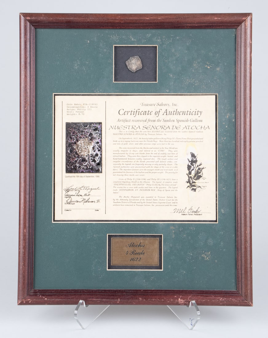 SHIPWRECK ATOCHA 1622 SPANISH SILVER 4 REALES MEL FISCHER: Antique Spanish silver Reale coin recovered from the wreck of the Nuestra Senora de Atocha. On September 6th, 1622, the heavily laden galleon of King Philip IV's Tierra Firme Fleet grounded and broke