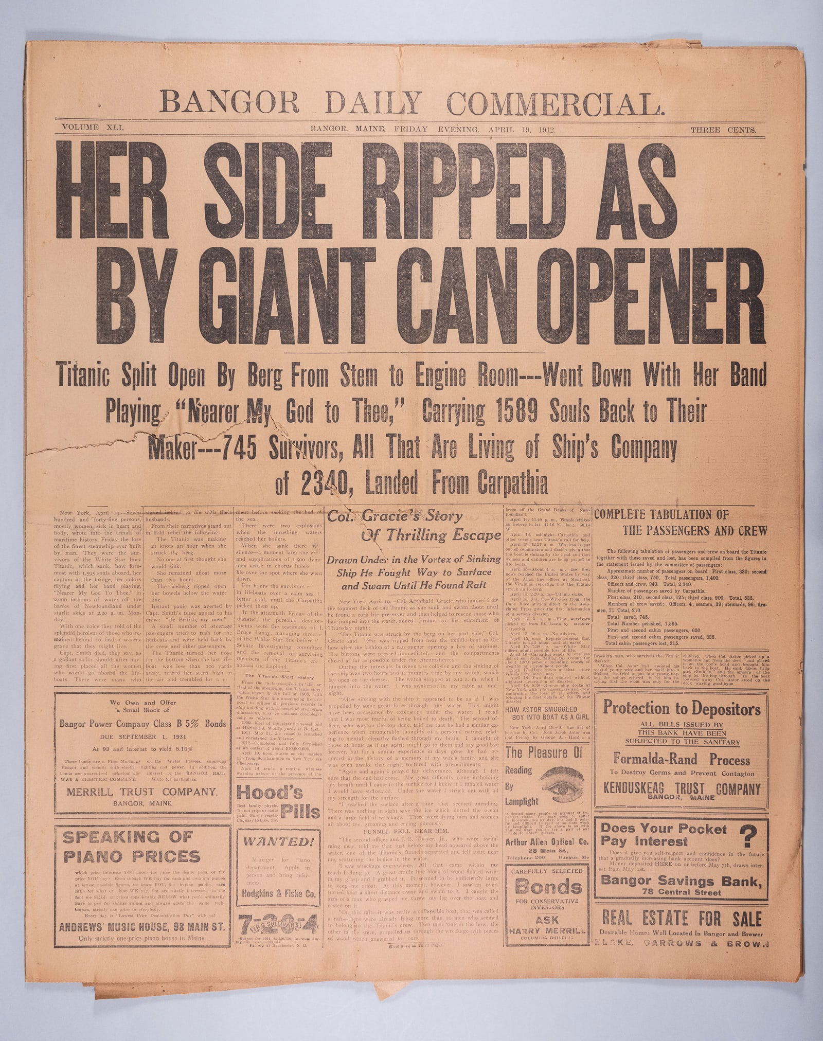 BANGOR DAILY NEWSPAPERS SINKING OF THE TITANIC: Three issues of Bangor Daily Commercial, a Maine newspaper, with articles pertaining to the sinking of the Titanic, including Friday evening, April 19th, both sections of Saturday evening, April 20th,